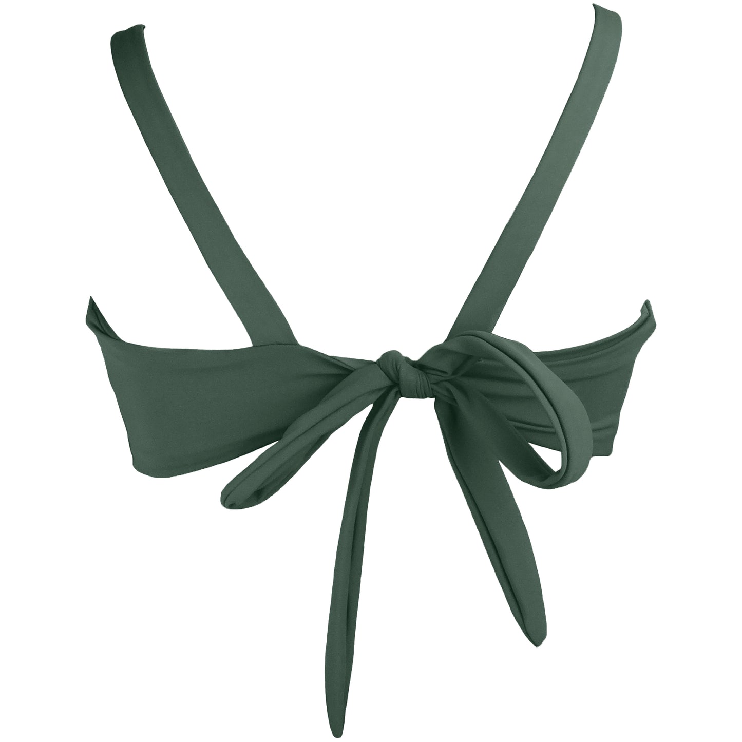 Back view of sage green Bralette style bikini top plunging knot v-neckline and adjustable tie back straps. 