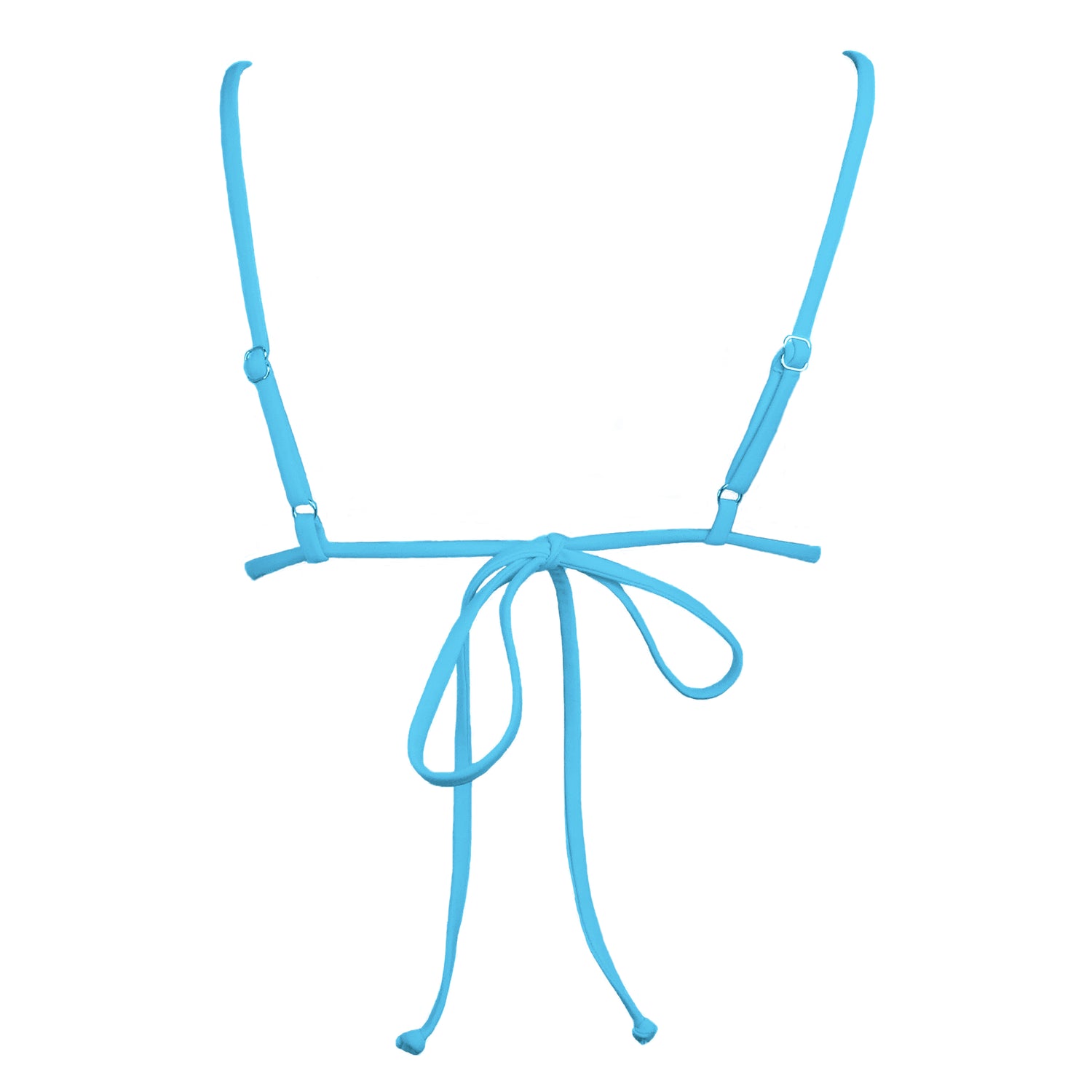 Back view of acqua blue Bralette style, triangle bikini top with plunging v-neckline, adjustable tie back strap and adjustable shoulder straps. 