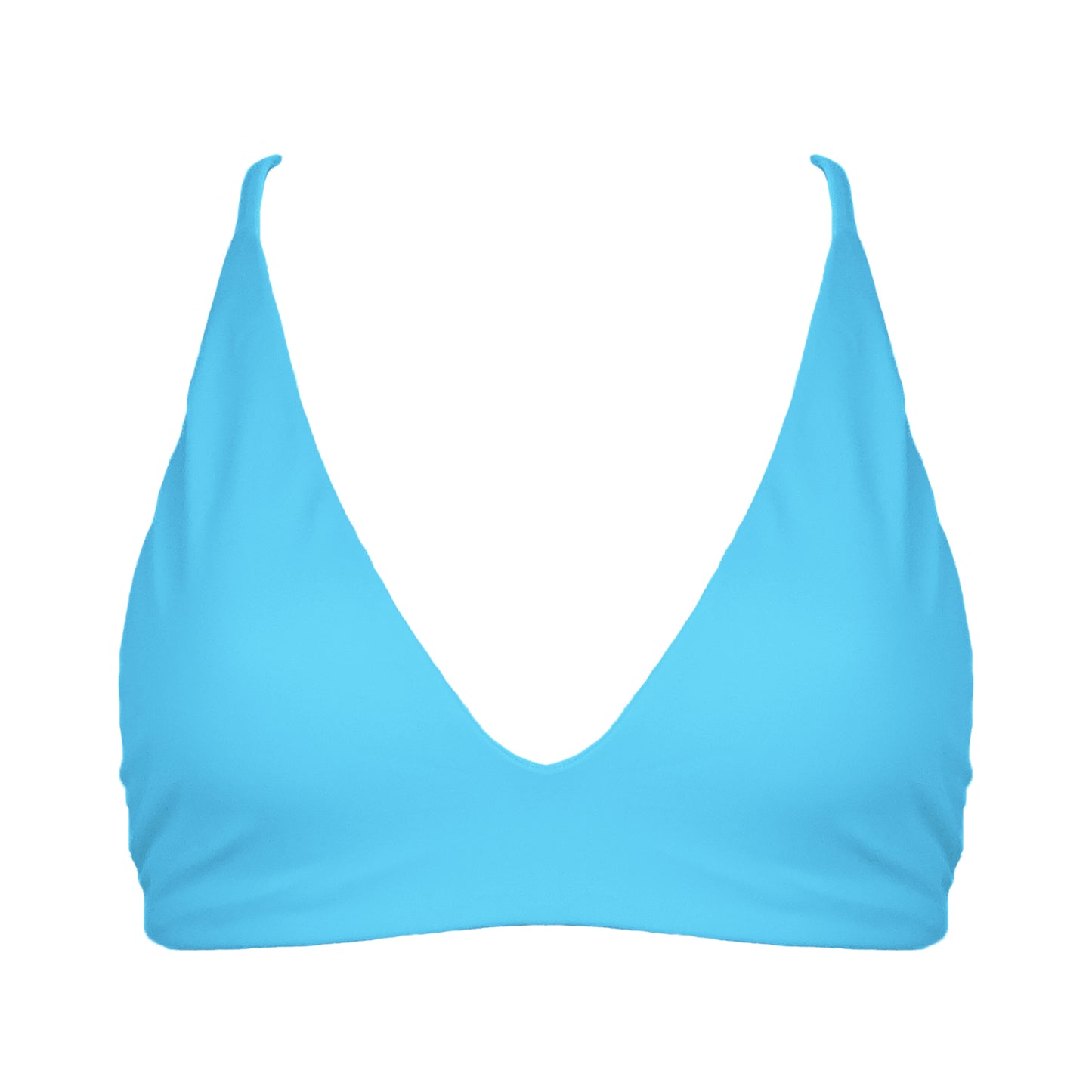 Acqua Blue Bralette style, triangle bikini top with plunging v-neckline, adjustable tie back strap and adjustable shoulder straps. 