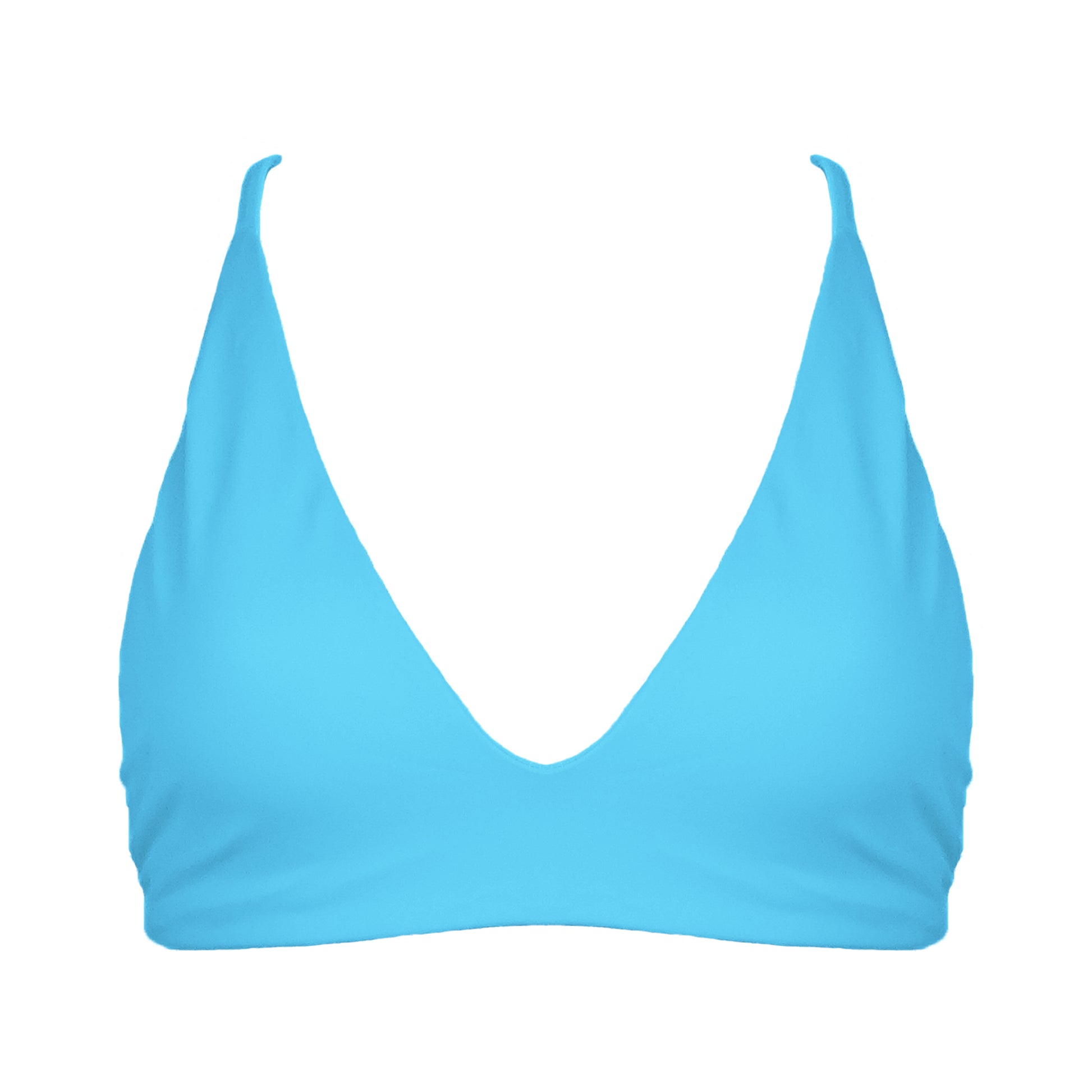 Acqua Blue Bralette style, triangle bikini top with plunging v-neckline, adjustable tie back strap and adjustable shoulder straps. 