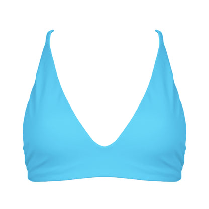 Acqua Blue Bralette style, triangle bikini top with plunging v-neckline, adjustable tie back strap and adjustable shoulder straps. 