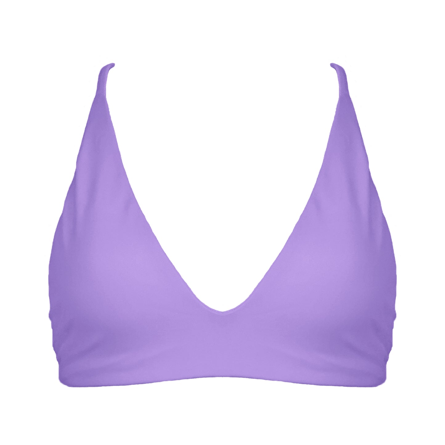 Pastel purple Bralette style, triangle bikini top with plunging v-neckline, adjustable tie back strap and adjustable shoulder straps. 