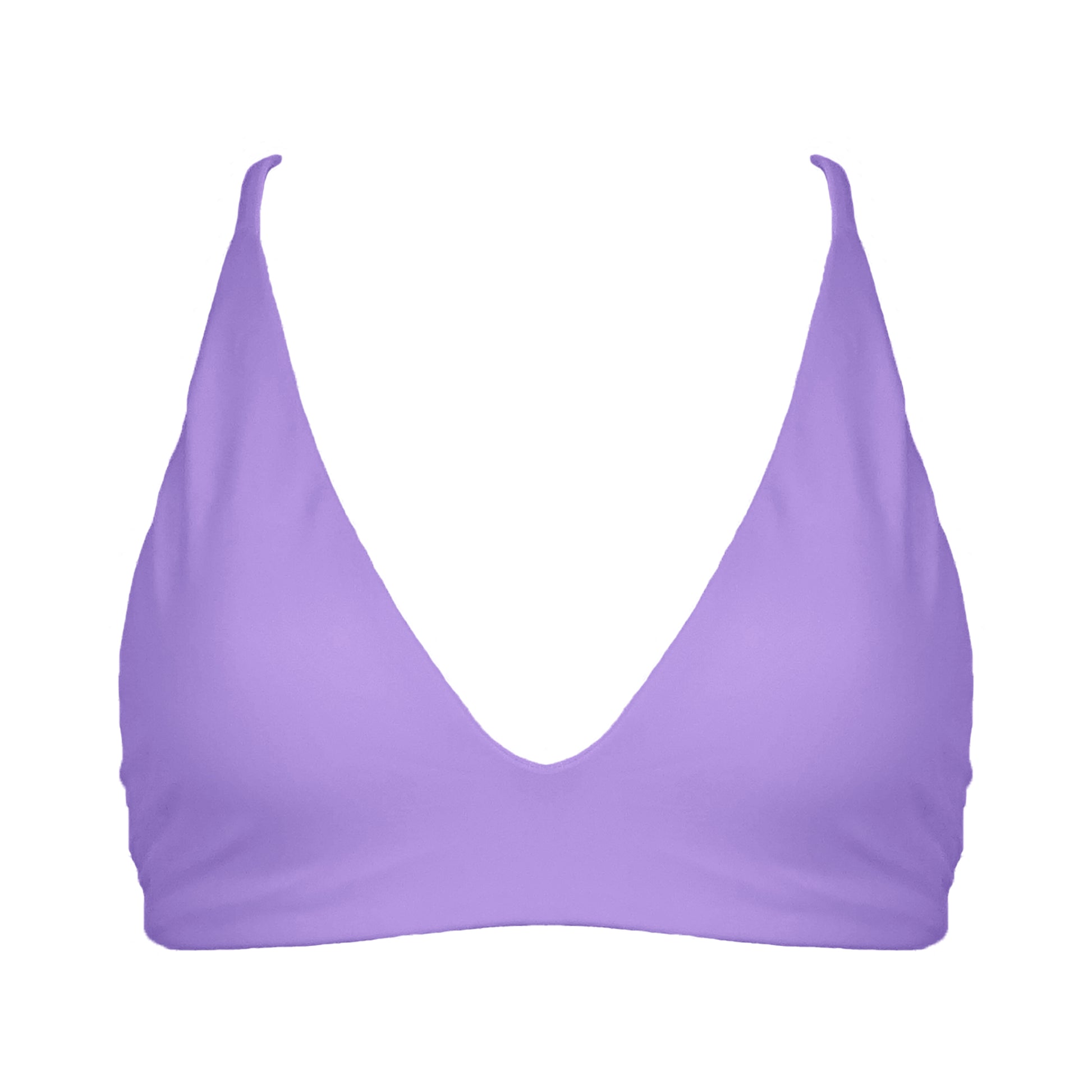 Pastel purple Bralette style, triangle bikini top with plunging v-neckline, adjustable tie back strap and adjustable shoulder straps. 