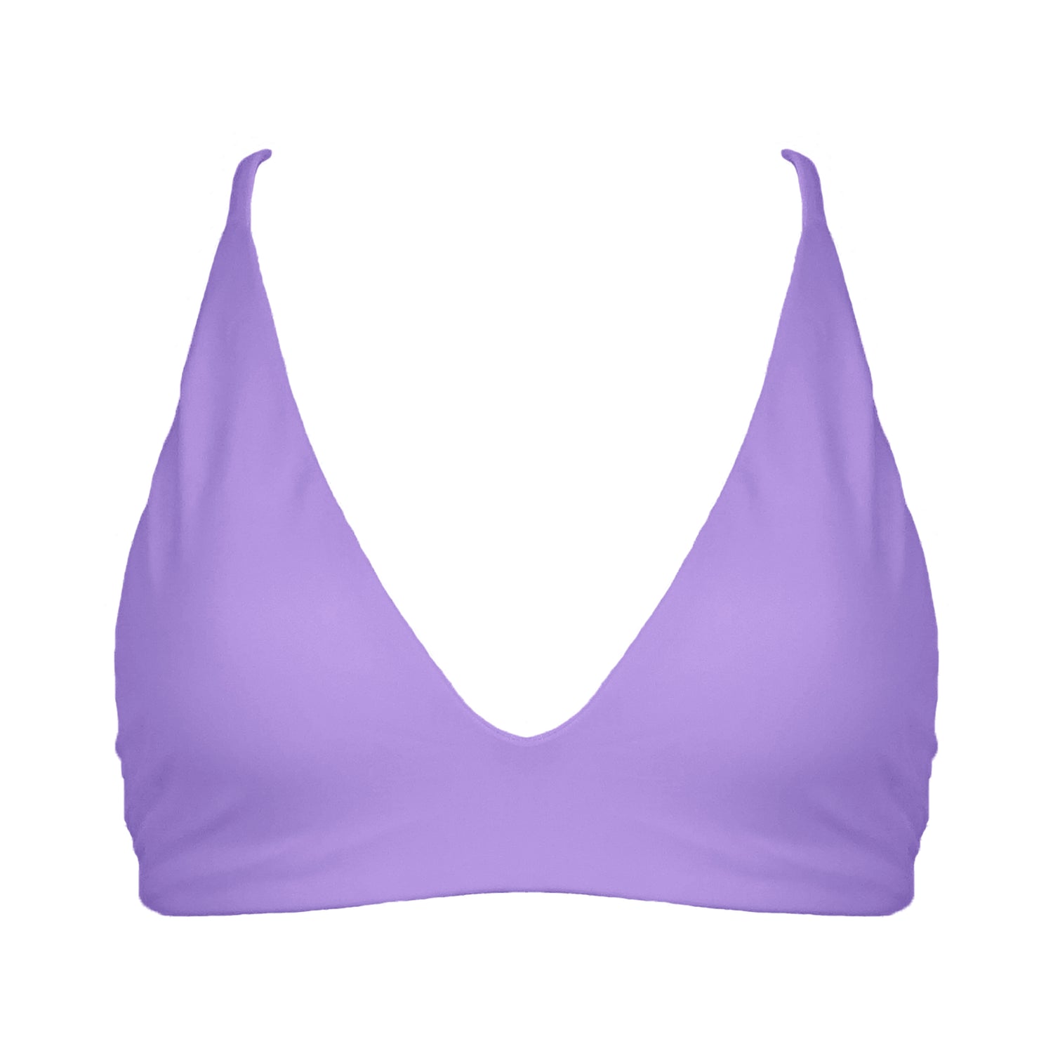 Pastel purple Bralette style, triangle bikini top with plunging v-neckline, adjustable tie back strap and adjustable shoulder straps. 