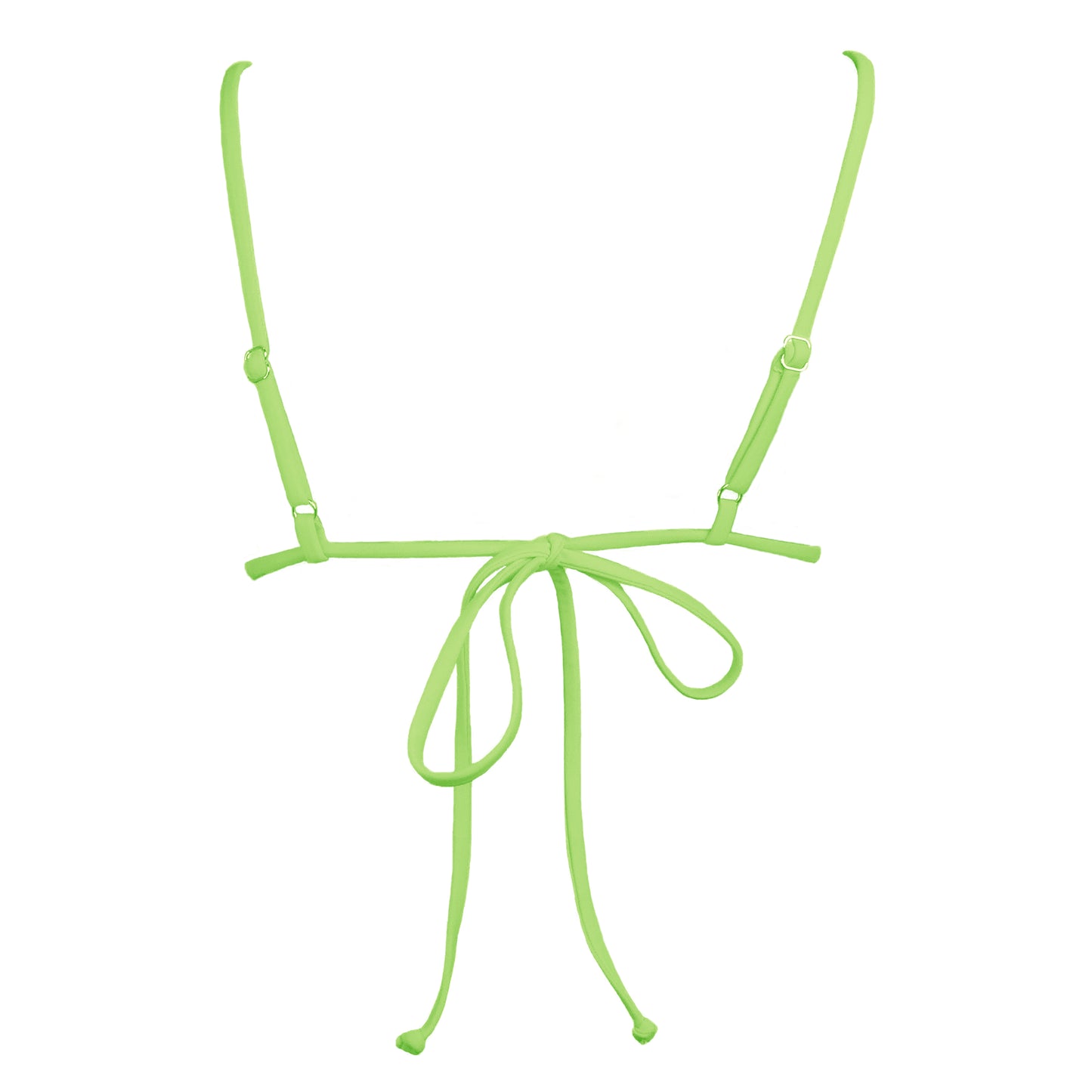 Back view of light neon green Bralette style, triangle bikini top with plunging v-neckline, adjustable tie back strap and adjustable shoulder straps. 