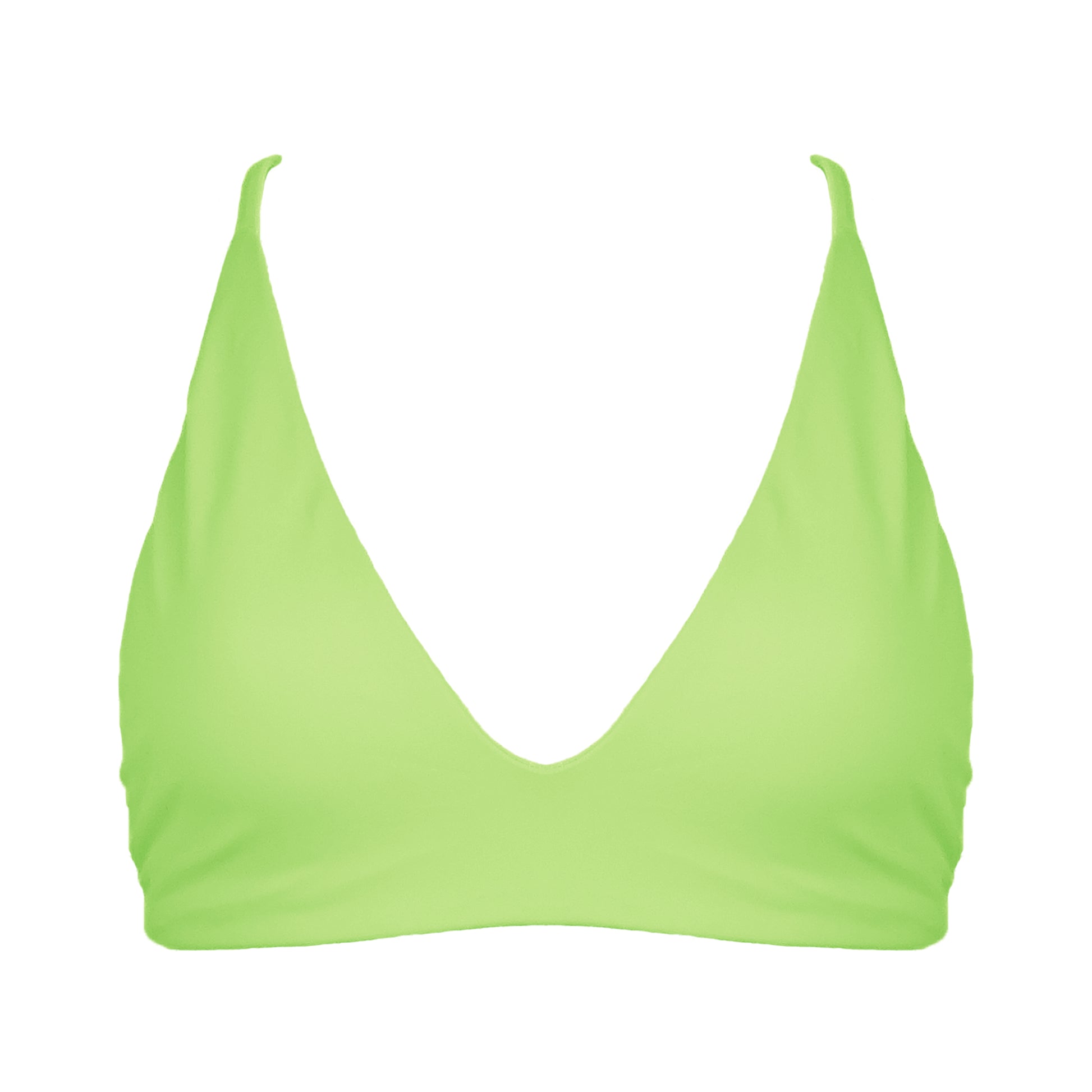 Light neon green Bralette style, triangle bikini top with plunging v-neckline, adjustable tie back strap and adjustable shoulder straps. 