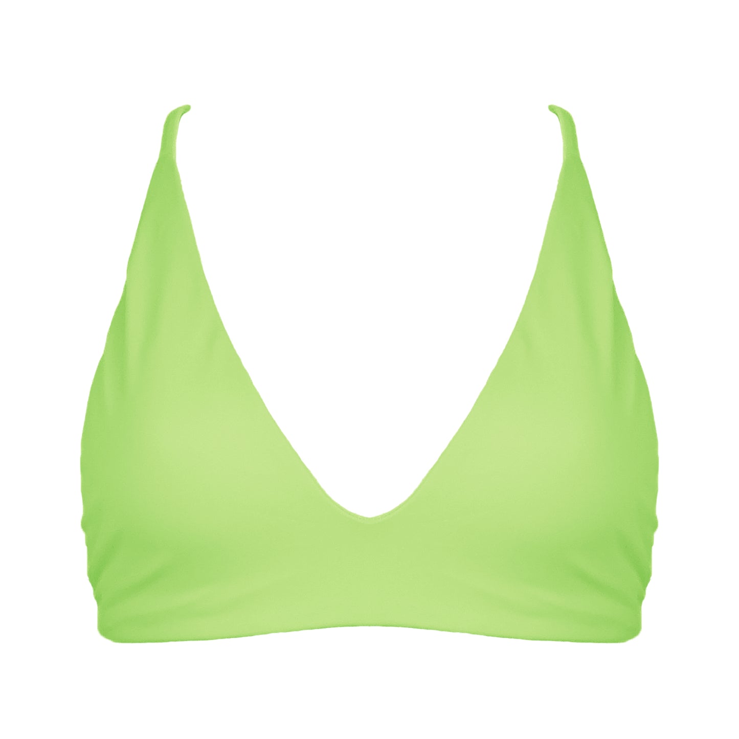 Light neon green Bralette style, triangle bikini top with plunging v-neckline, adjustable tie back strap and adjustable shoulder straps. 