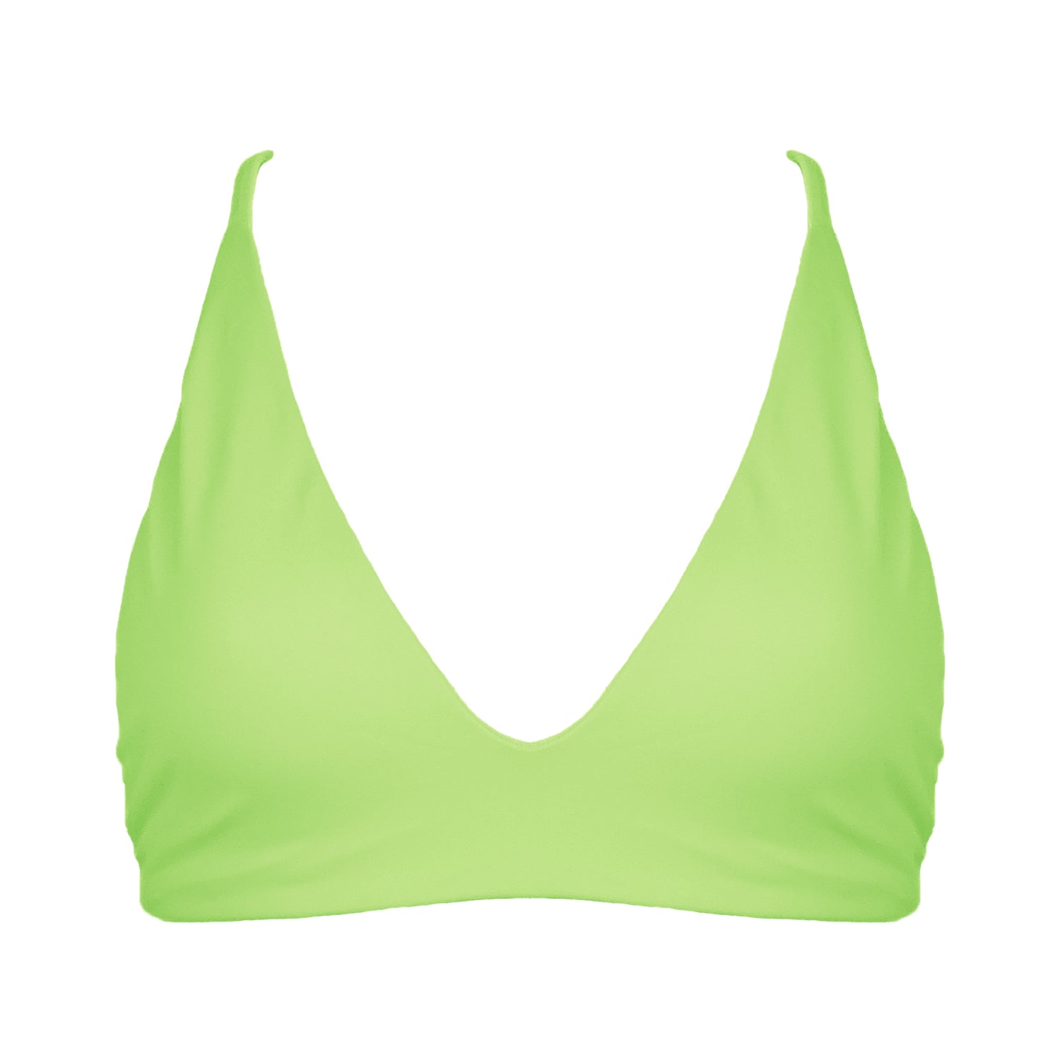 Light neon green Bralette style, triangle bikini top with plunging v-neckline, adjustable tie back strap and adjustable shoulder straps. 