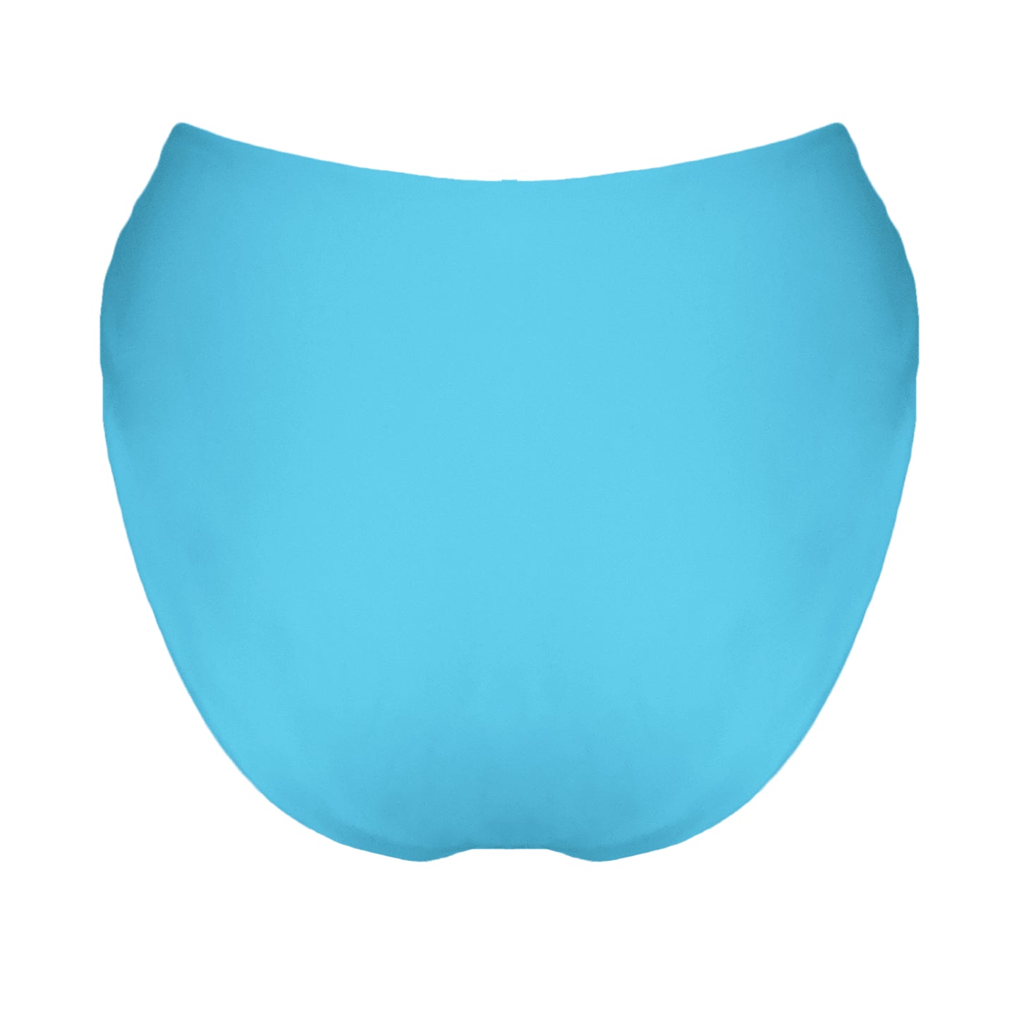 Back view of acqua blue V-front mid rise bikini bottom with high cut sides and cheeky coverage.