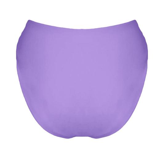 Back view of pastel purple V-front mid rise bikini bottom with high cut sides and cheeky coverage.