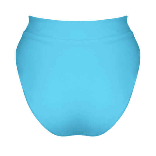Back view of acqua blue banded high waist full coverage bikini bottom.