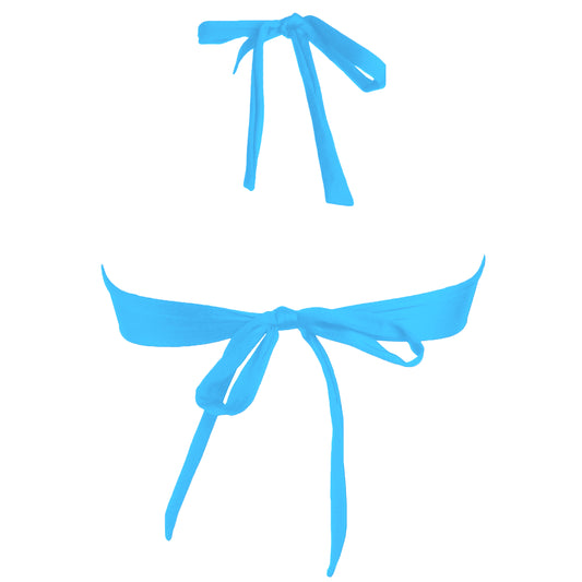 Back view of acqua blue sport inspired halter neck bikini top with adjustable tie back straps.