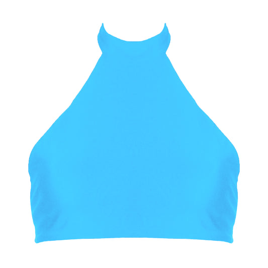 Acqua blue sport inspired halter neck bikini top with adjustable tie back straps.