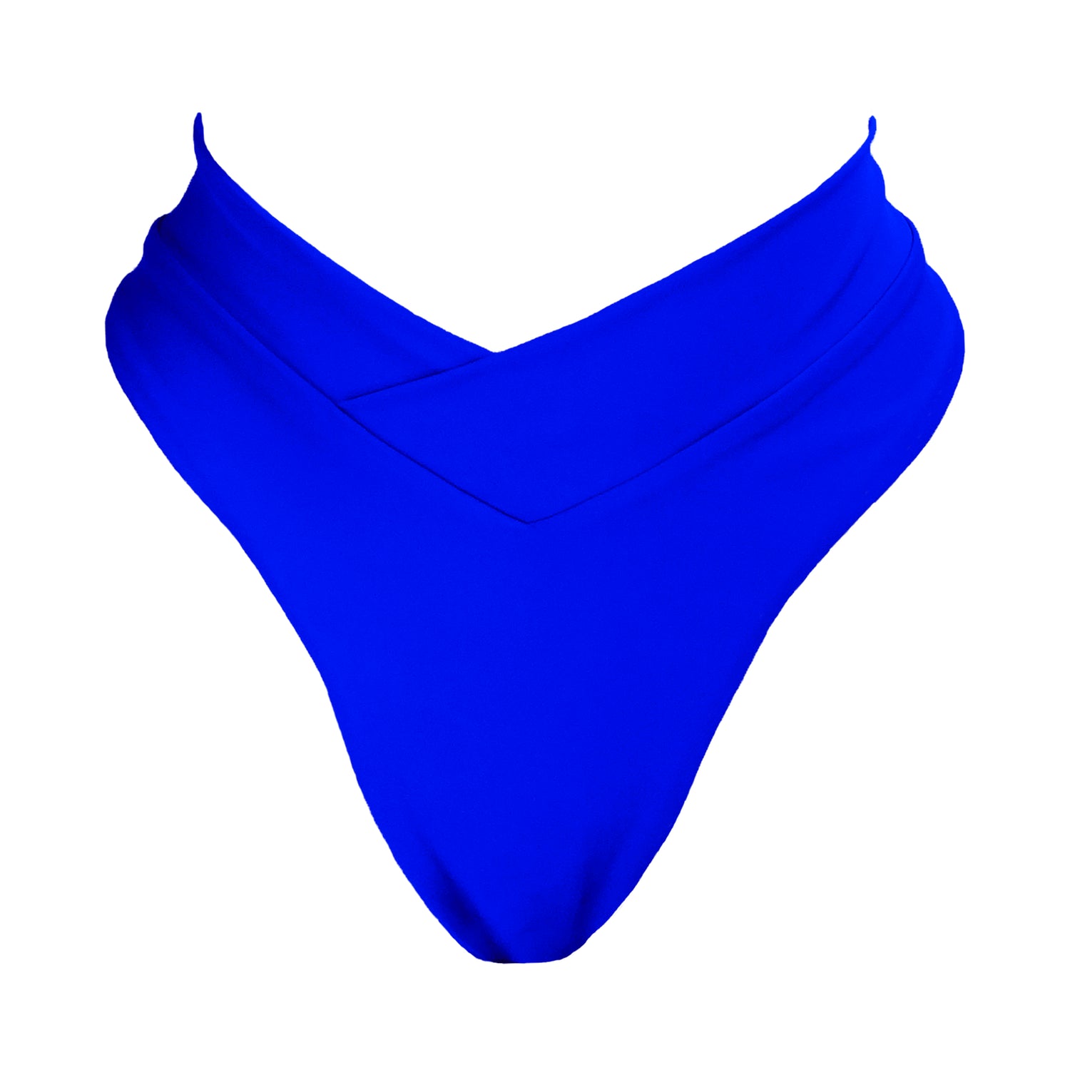 Royal Blue v-front high rise bikini bottom with a cross front waist brand to accentuate curves, high cut legs and full coverage.