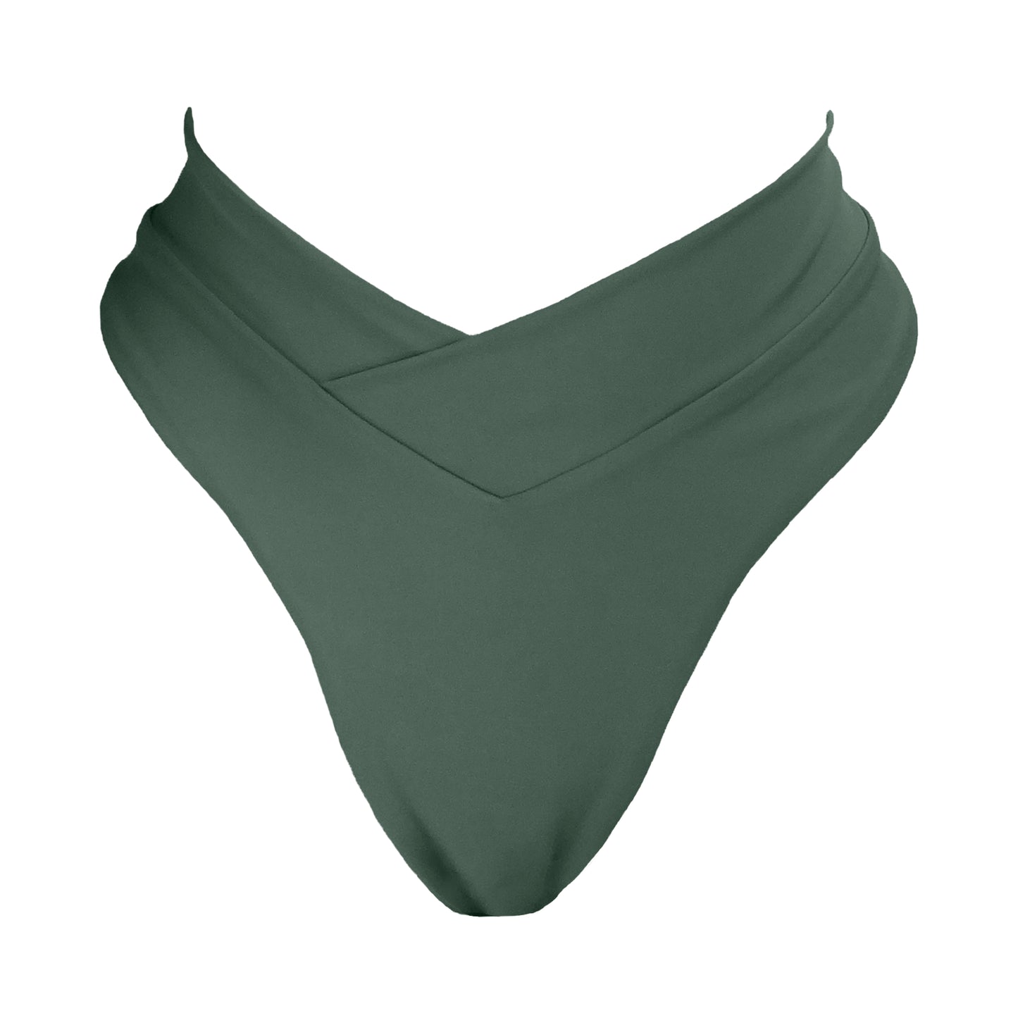 Sage Green v-front high rise bikini bottom with a cross front waist brand to accentuate curves, high cut legs and full coverage.