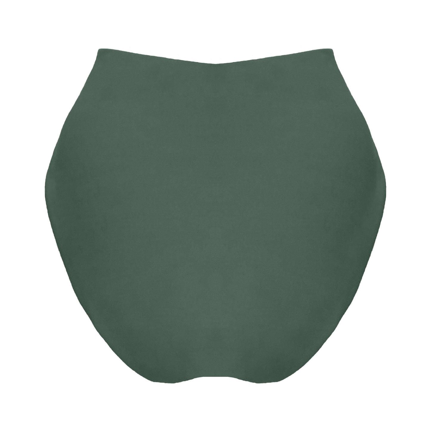 Back view of sage green v-front high rise bikini bottom with a cross front waist brand to accentuate curves, high cut legs and full coverage.