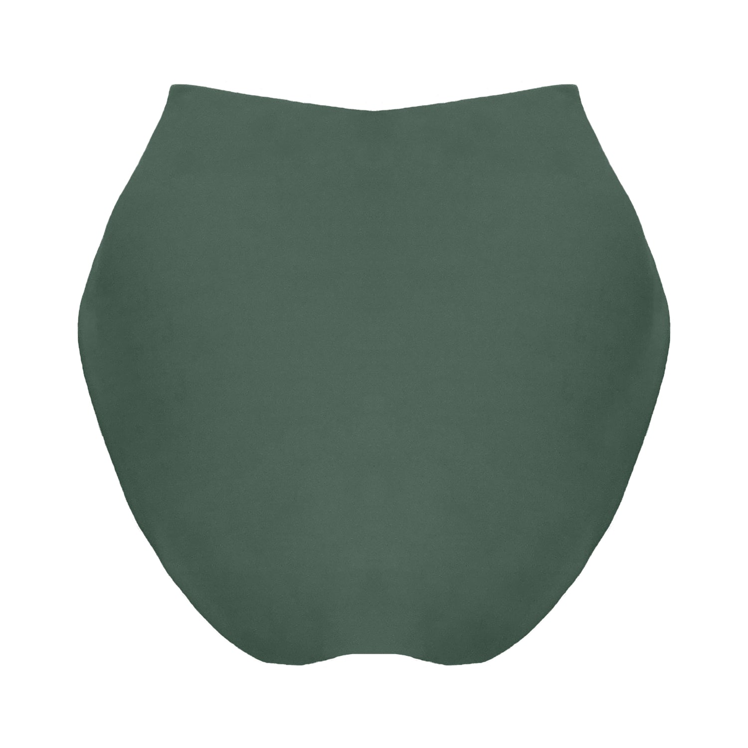 Back view of sage green v-front high rise bikini bottom with a cross front waist brand to accentuate curves, high cut legs and full coverage.