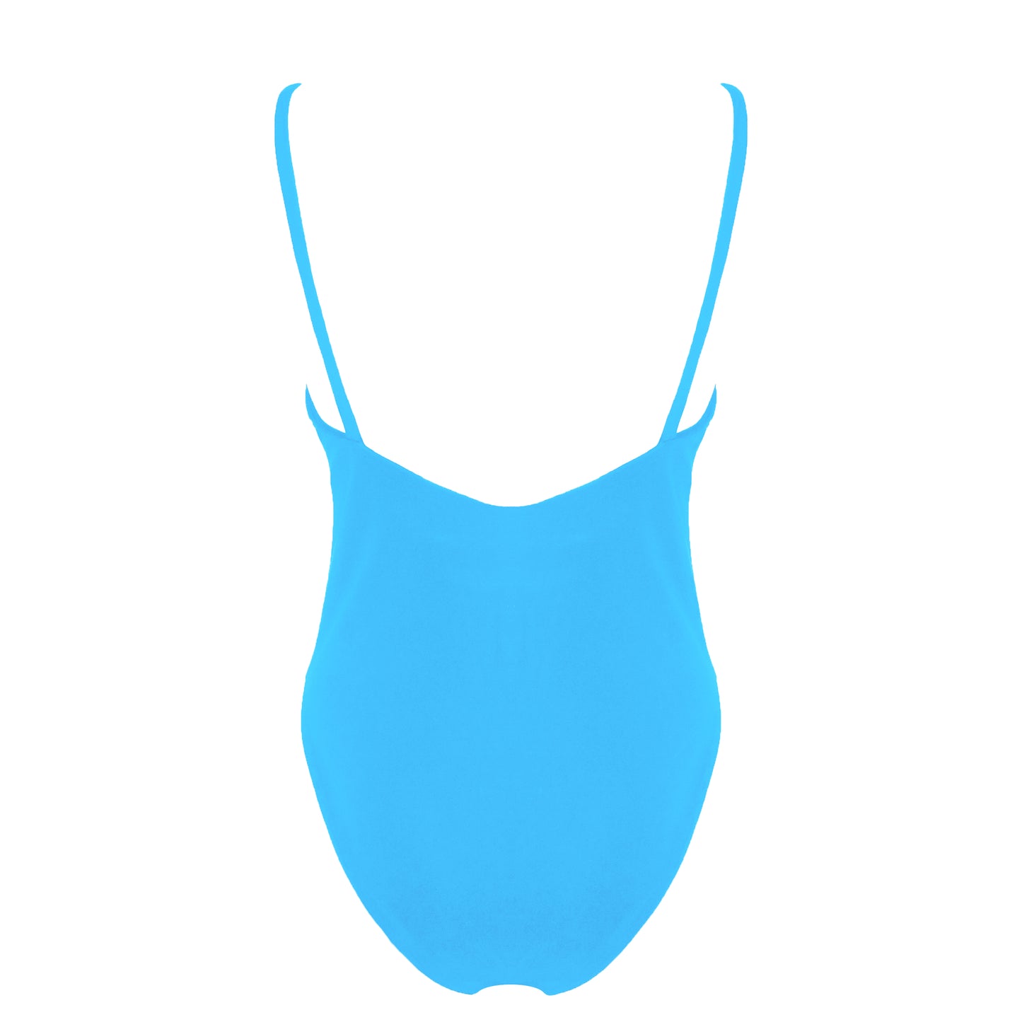 Back view of acqua blue simplistic plunging v-neck one piece swimsuit with a low v-back, high cut legs and full coverage.