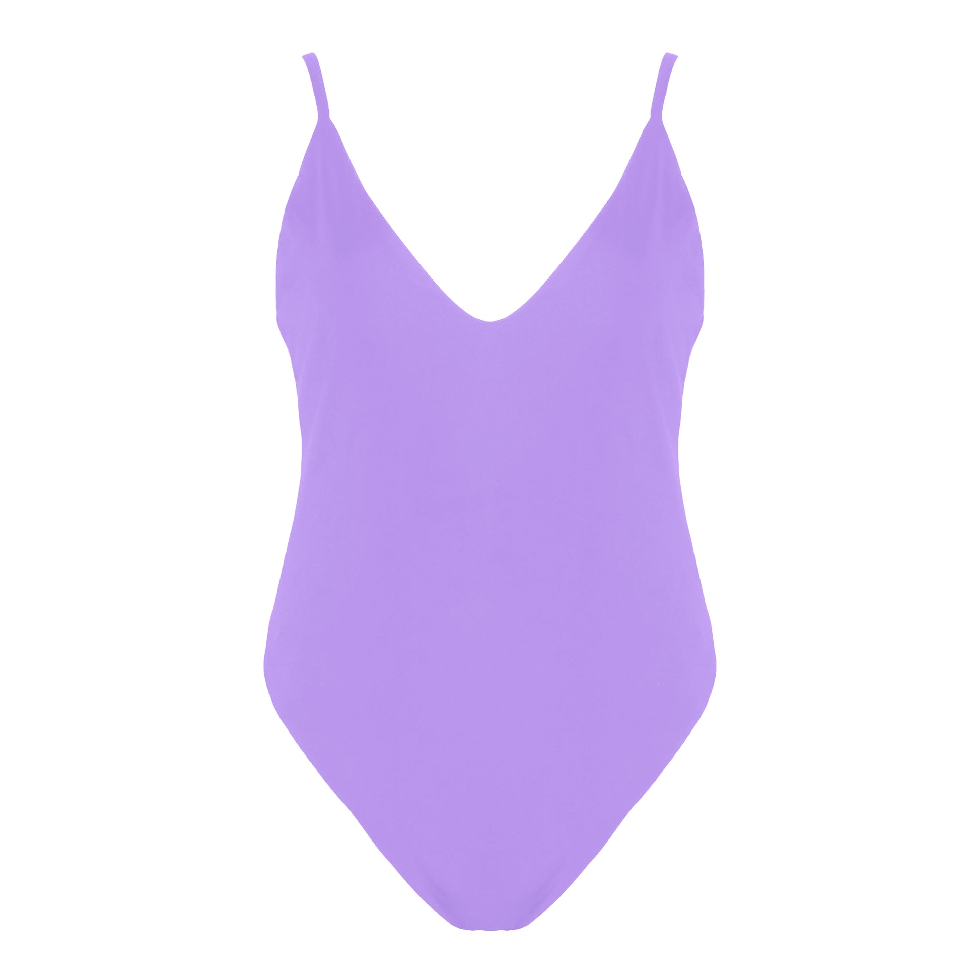 Lavender simplistic plunging v-neck one piece swimsuit with a low v-back, high cut legs and full coverage.