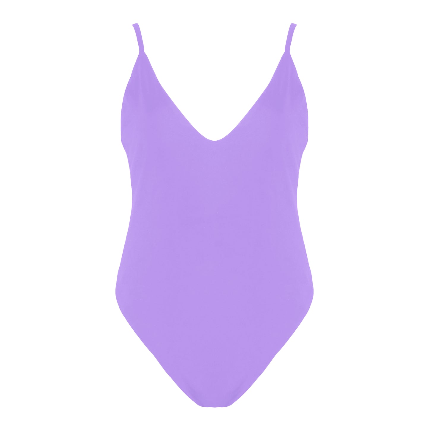 Lavender simplistic plunging v-neck one piece swimsuit with a low v-back, high cut legs and full coverage.