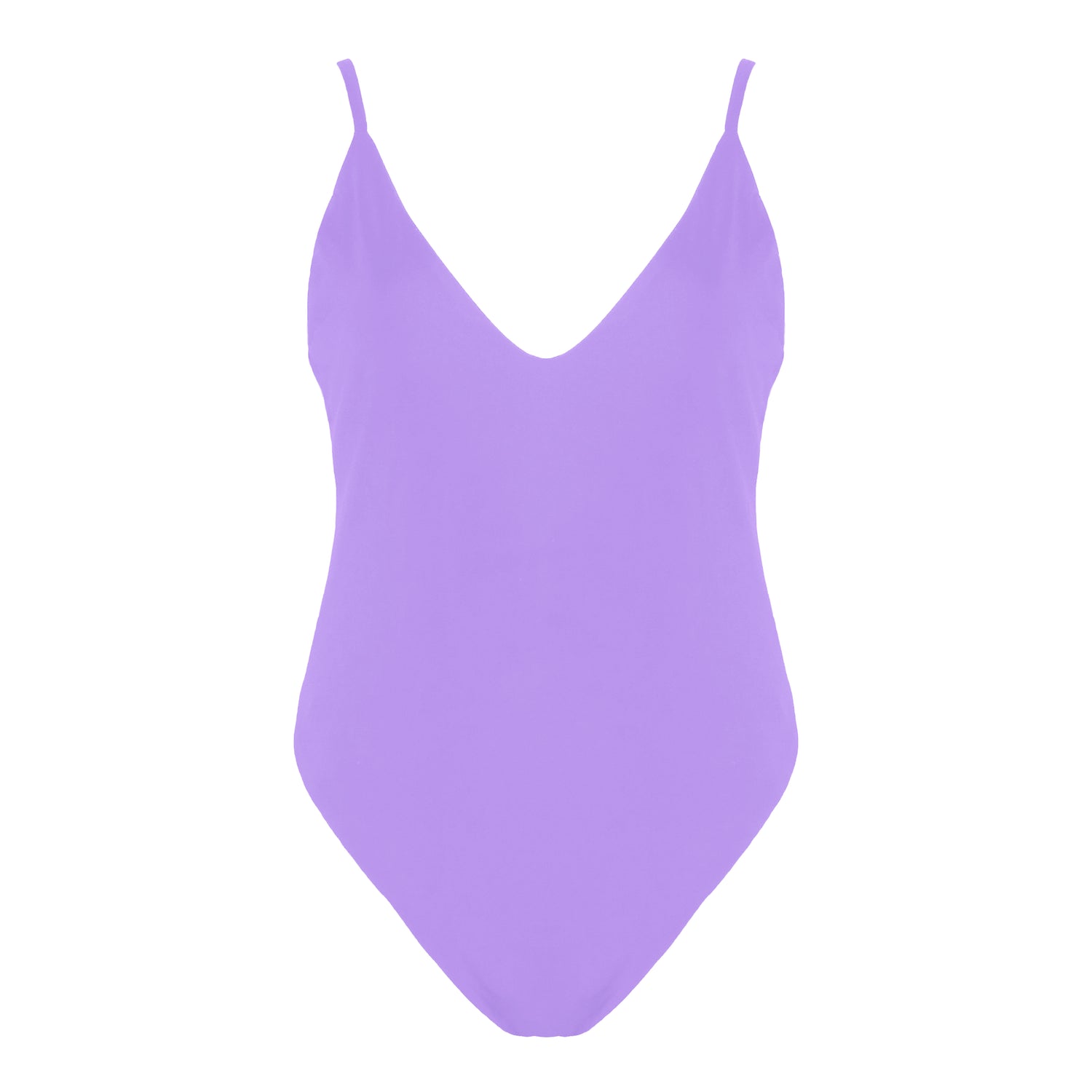Lavender simplistic plunging v-neck one piece swimsuit with a low v-back, high cut legs and full coverage.