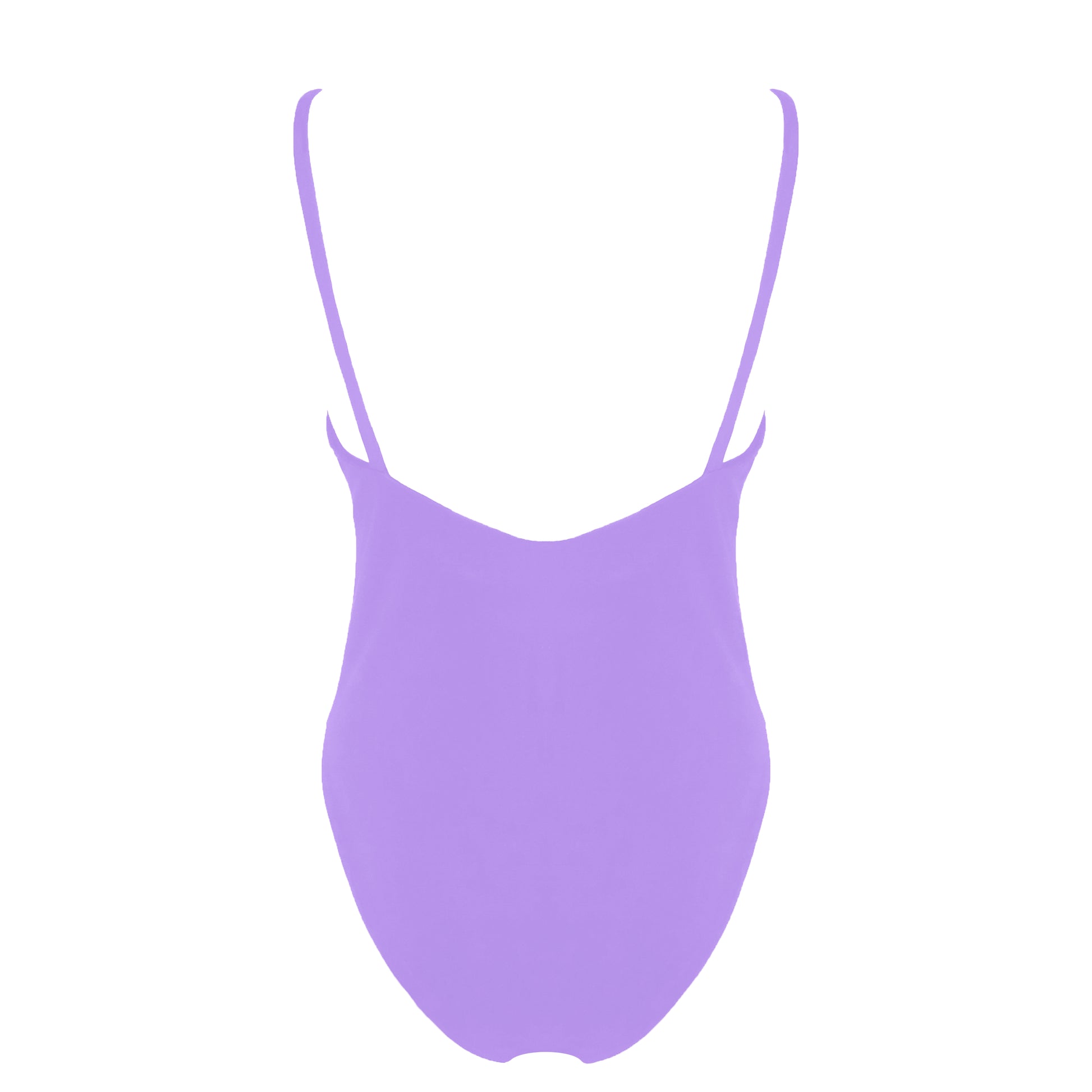 Back view of lavender purple simplistic plunging v-neck one piece swimsuit with a low v-back, high cut legs and full coverage.