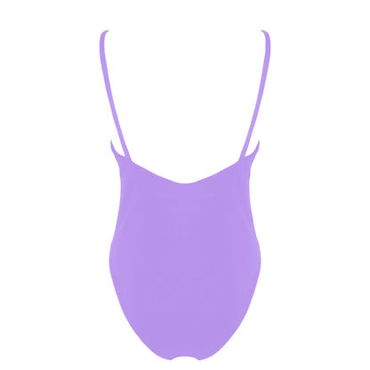 Back view of lavender purple simplistic plunging v-neck one piece swimsuit with a low v-back, high cut legs and full coverage.