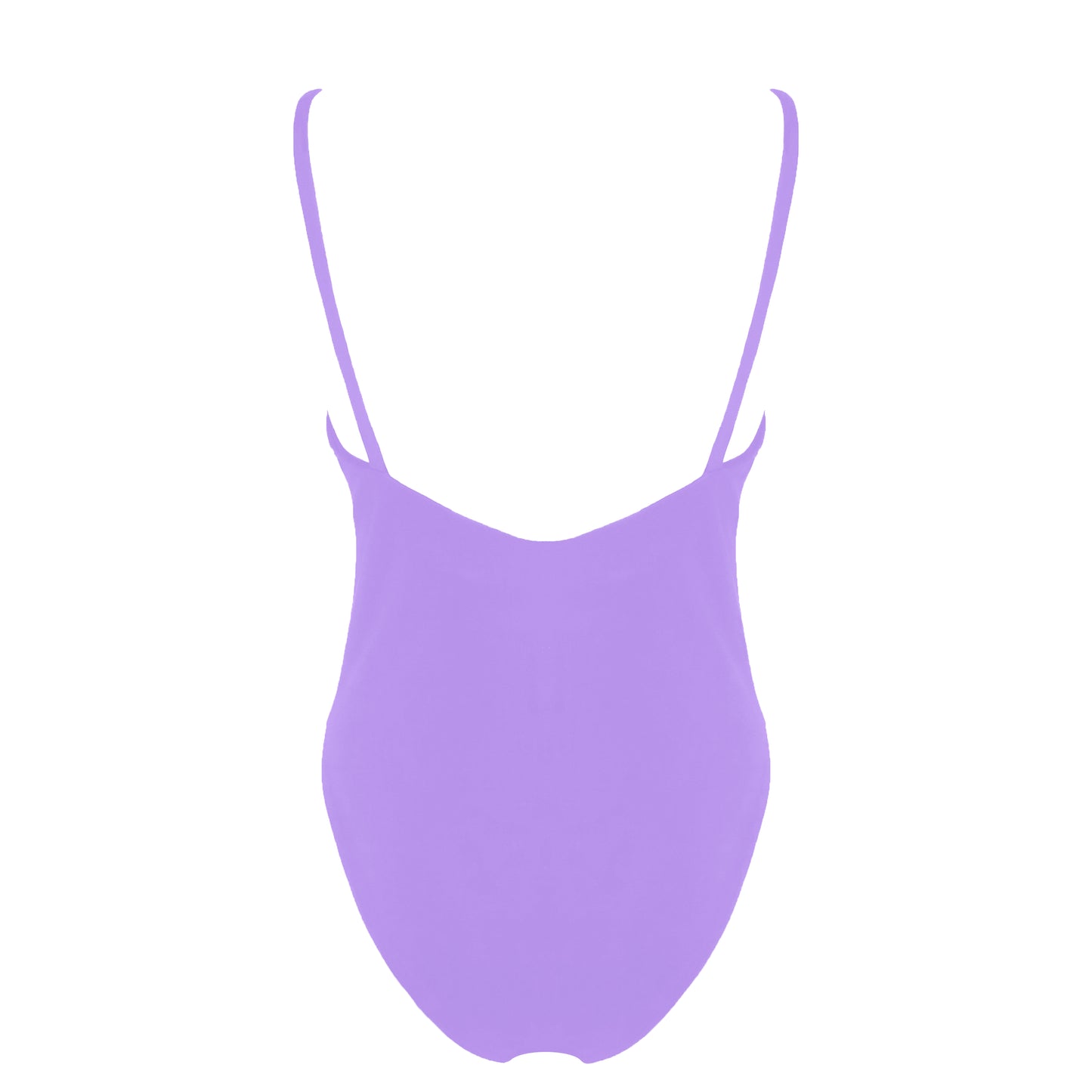 Back view of lavender purple simplistic plunging v-neck one piece swimsuit with a low v-back, high cut legs and full coverage.