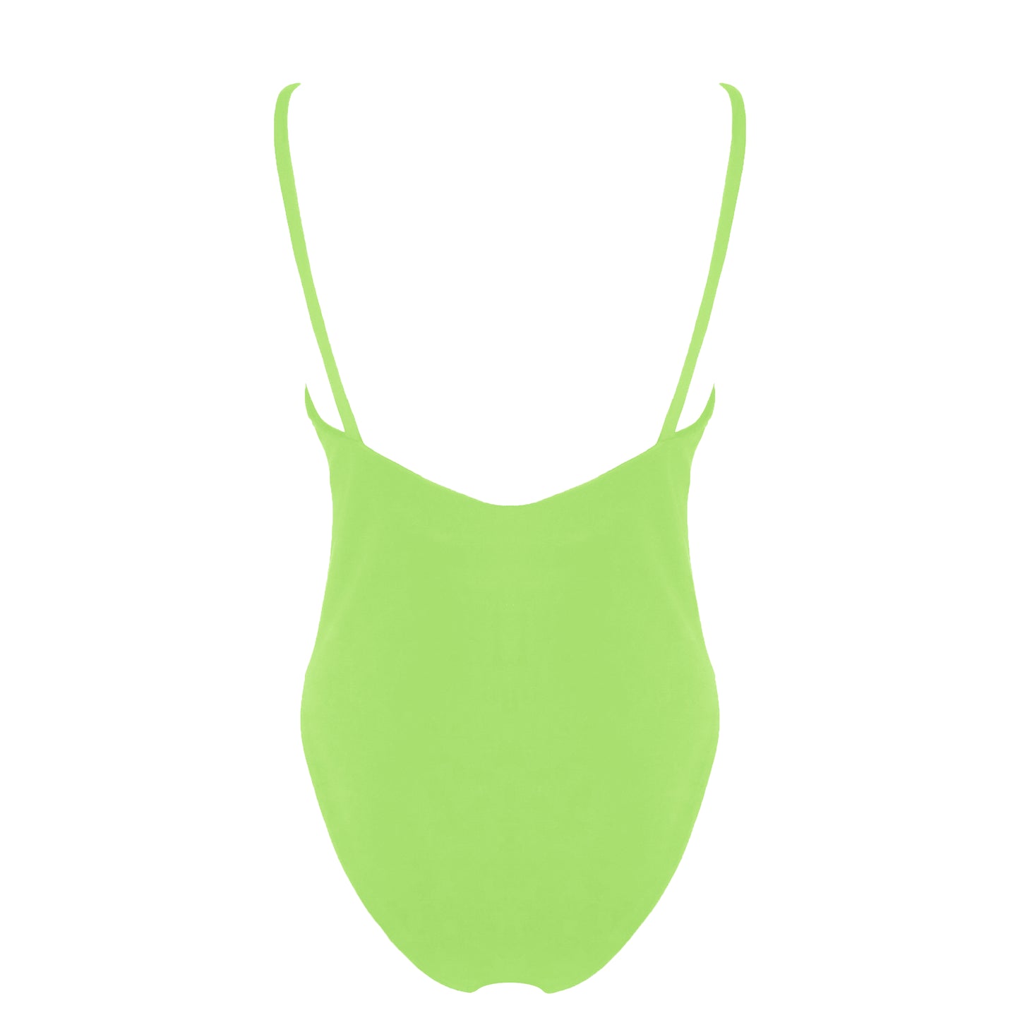 Back view of light neon green simplistic plunging v-neck one piece swimsuit with a low v-back, high cut legs and full coverage.