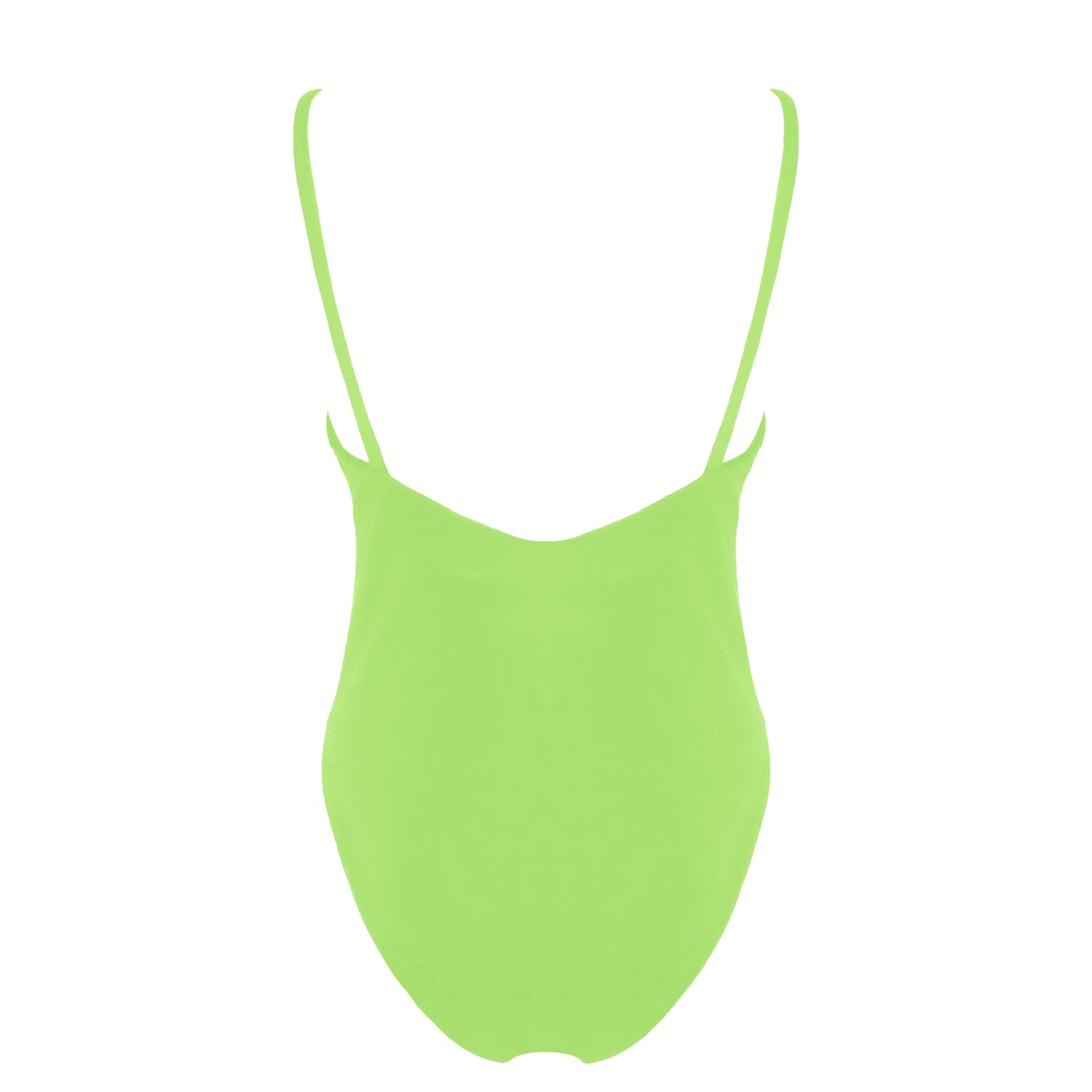 Back view of light neon green simplistic plunging v-neck one piece swimsuit with a low v-back, high cut legs and full coverage.