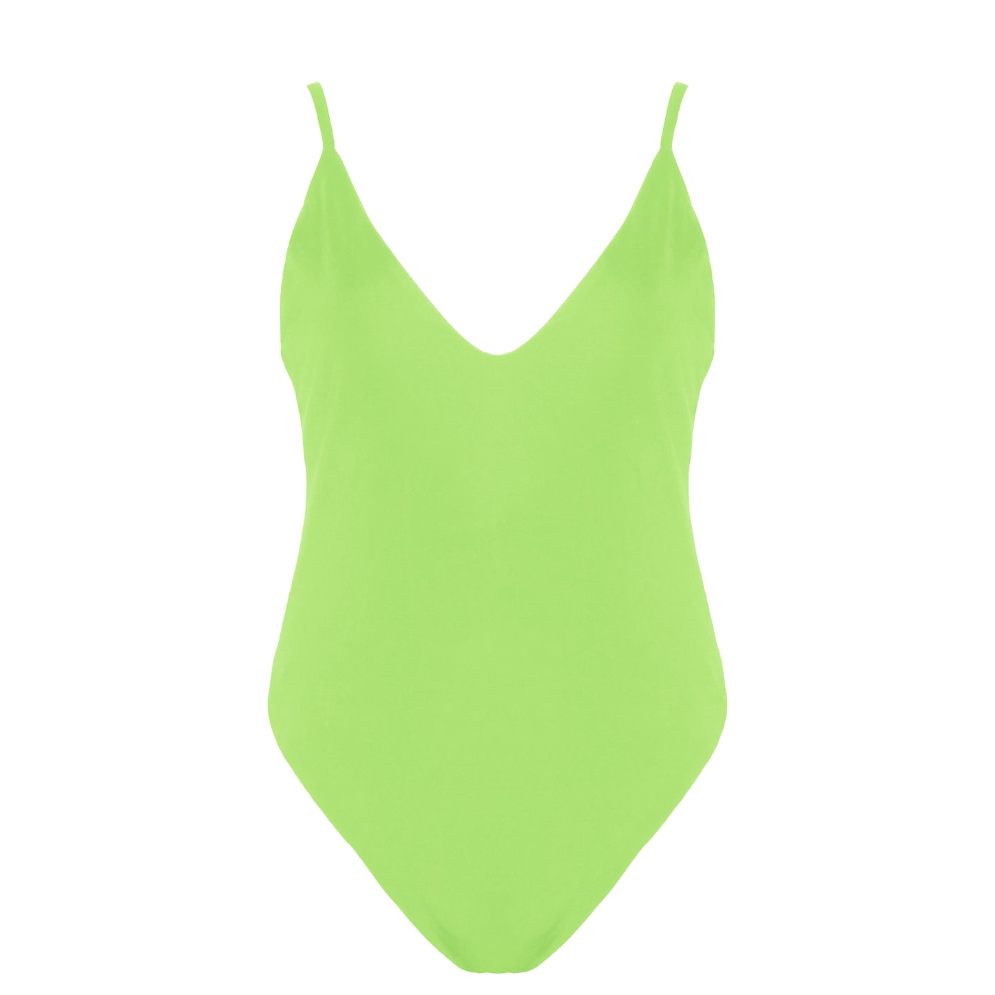 Light neon green simplistic plunging v-neck one piece swimsuit with a low v-back, high cut legs and full coverage.