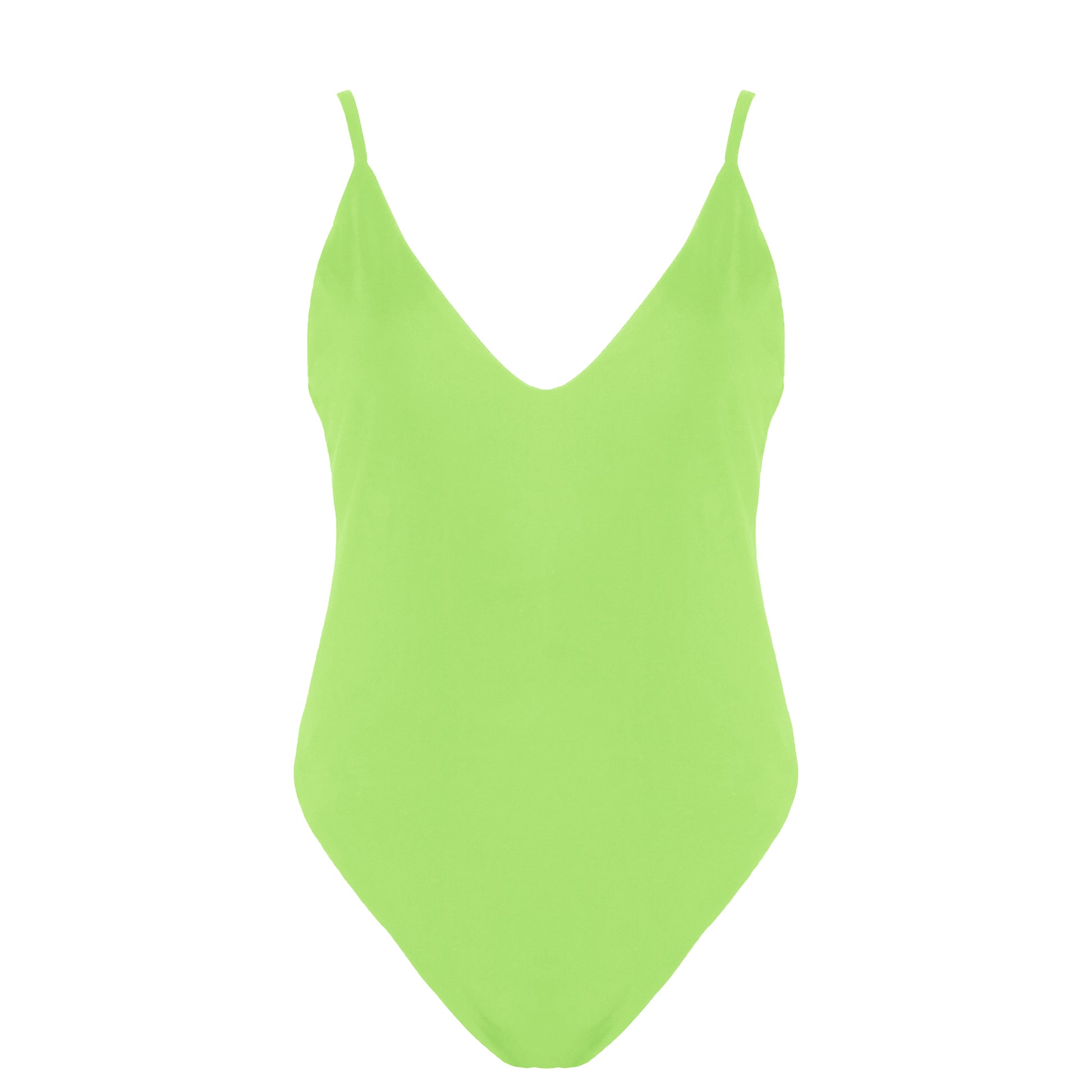 Light neon green simplistic plunging v-neck one piece swimsuit with a low v-back, high cut legs and full coverage.