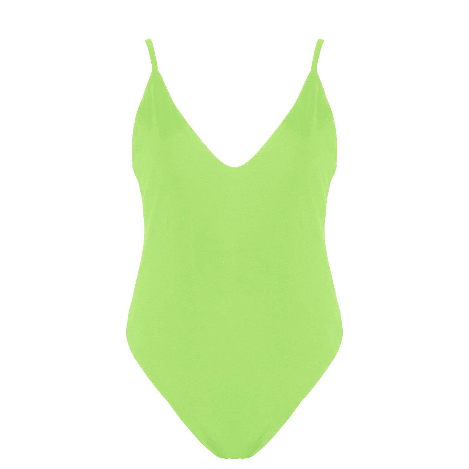 Light neon green simplistic plunging v-neck one piece swimsuit with a low v-back, high cut legs and full coverage.