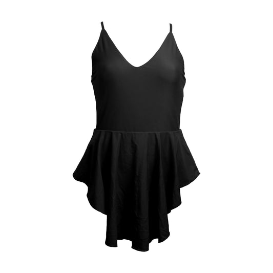 Black simplistic plunging v-neck one piece swimsuit with an added high-low skater skirt overlay. Under the skirt layer the bodys bottom half has a low  back, high cut legs and full coverage.