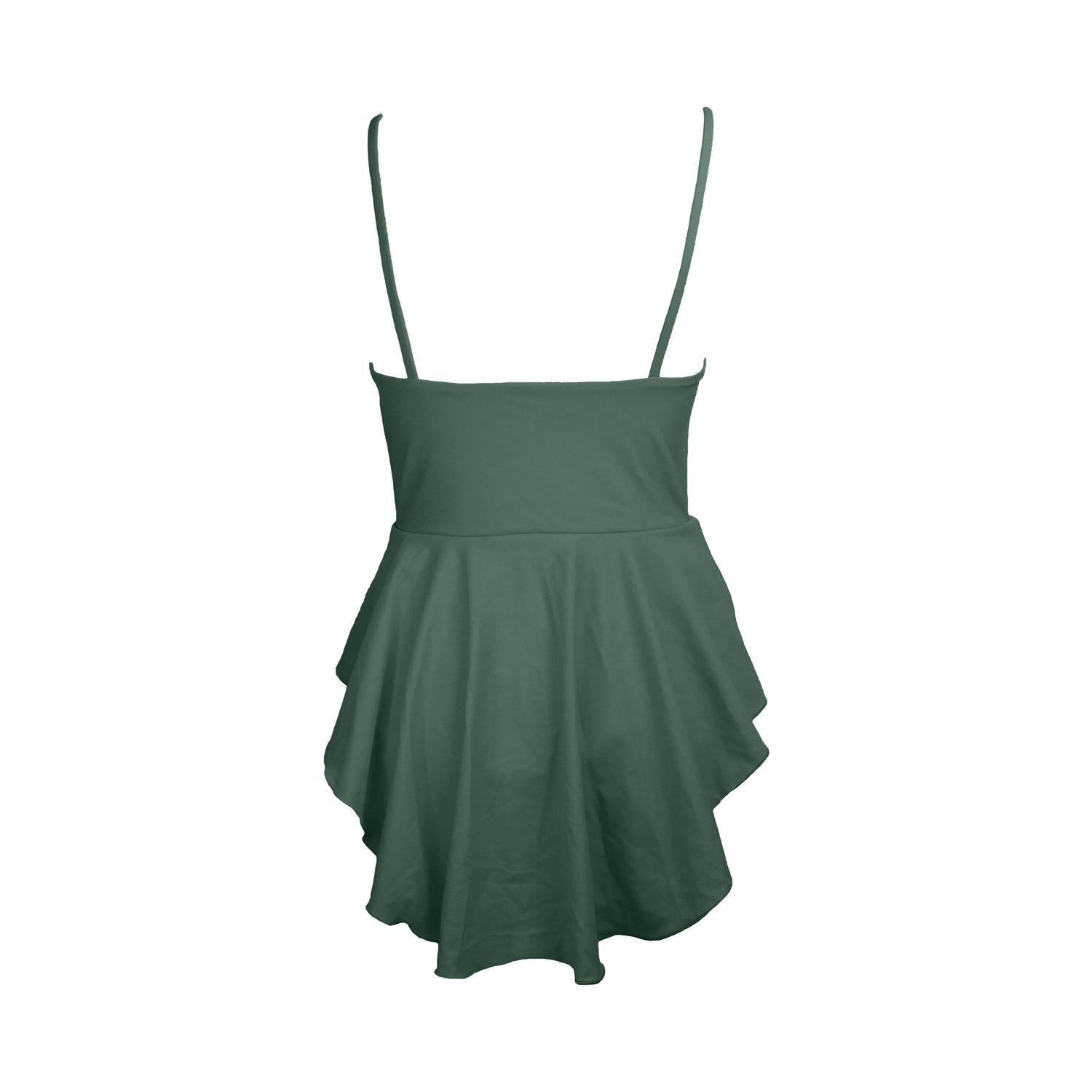 Back view of sage green simplistic plunging v-neck one piece swimsuit with an added high-low skater skirt overlay. Under the skirt layer the bodys bottom half has a low  back, high cut legs and full coverage.