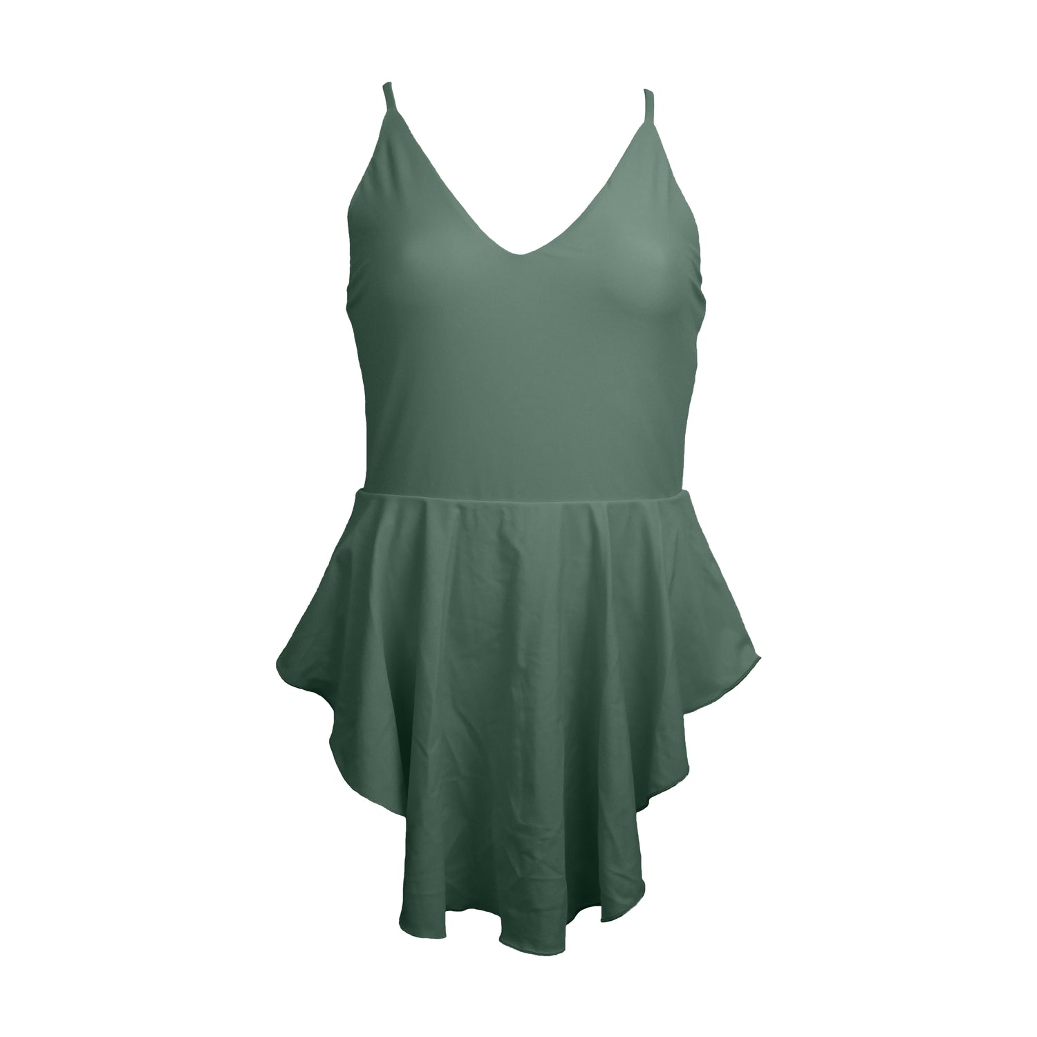 Sage green simplistic plunging v-neck one piece swimsuit with an added high-low skater skirt overlay. Under the skirt layer the bodys bottom half has a low  back, high cut legs and full coverage.
