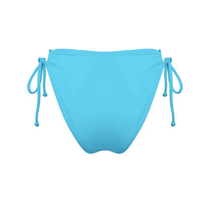 Back view of acqua blue strappy mid-rise bikini bottoms with high cut legs and cheeky coverage.