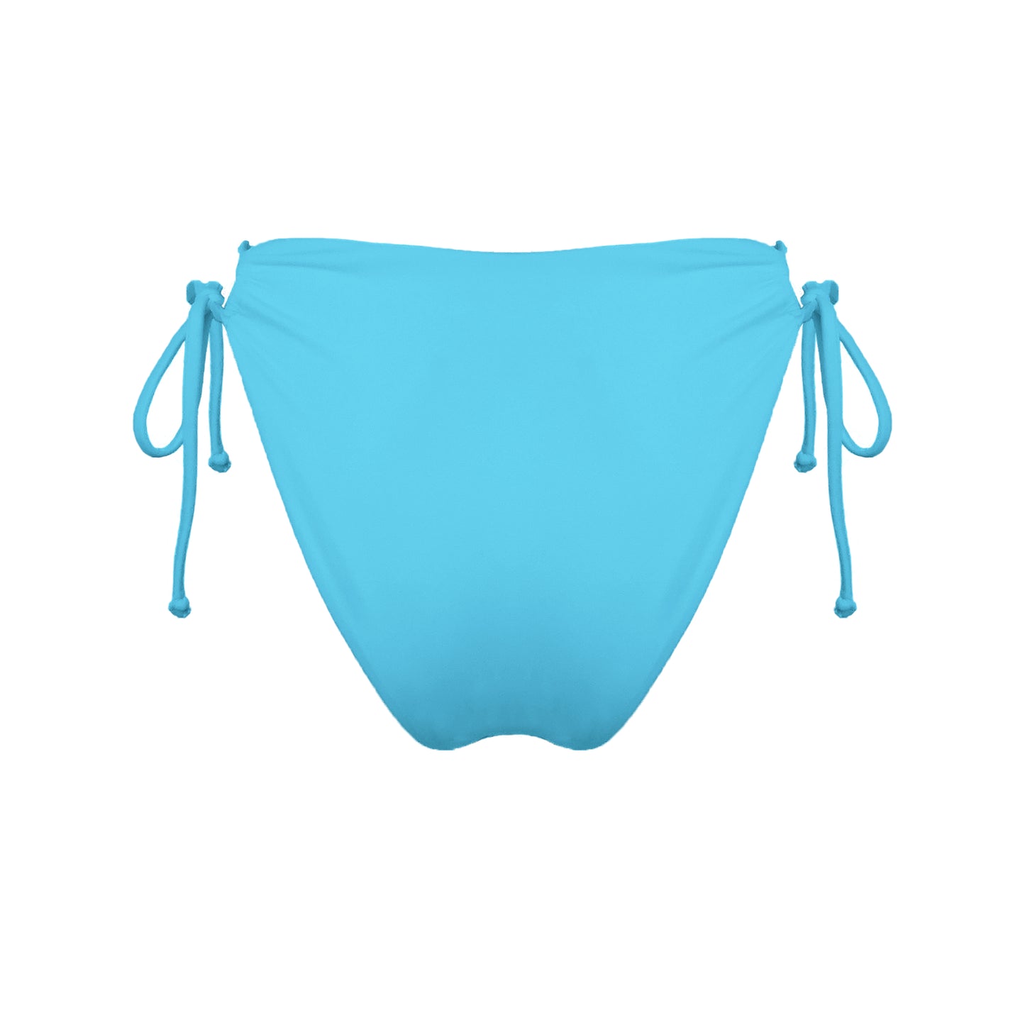 Back view of acqua blue strappy mid-rise bikini bottoms with high cut legs and cheeky coverage.