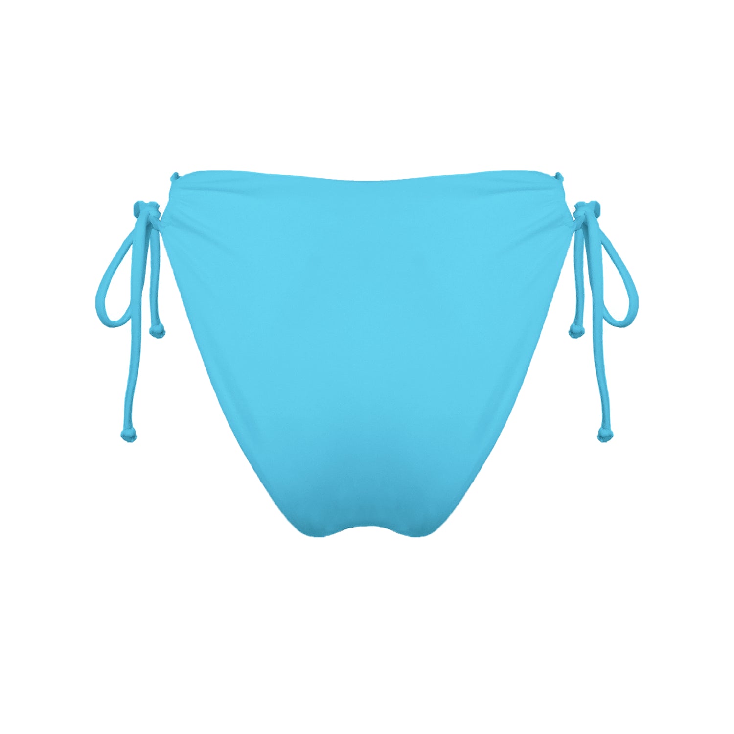 Back view of acqua blue strappy mid-rise bikini bottoms with high cut legs and cheeky coverage.