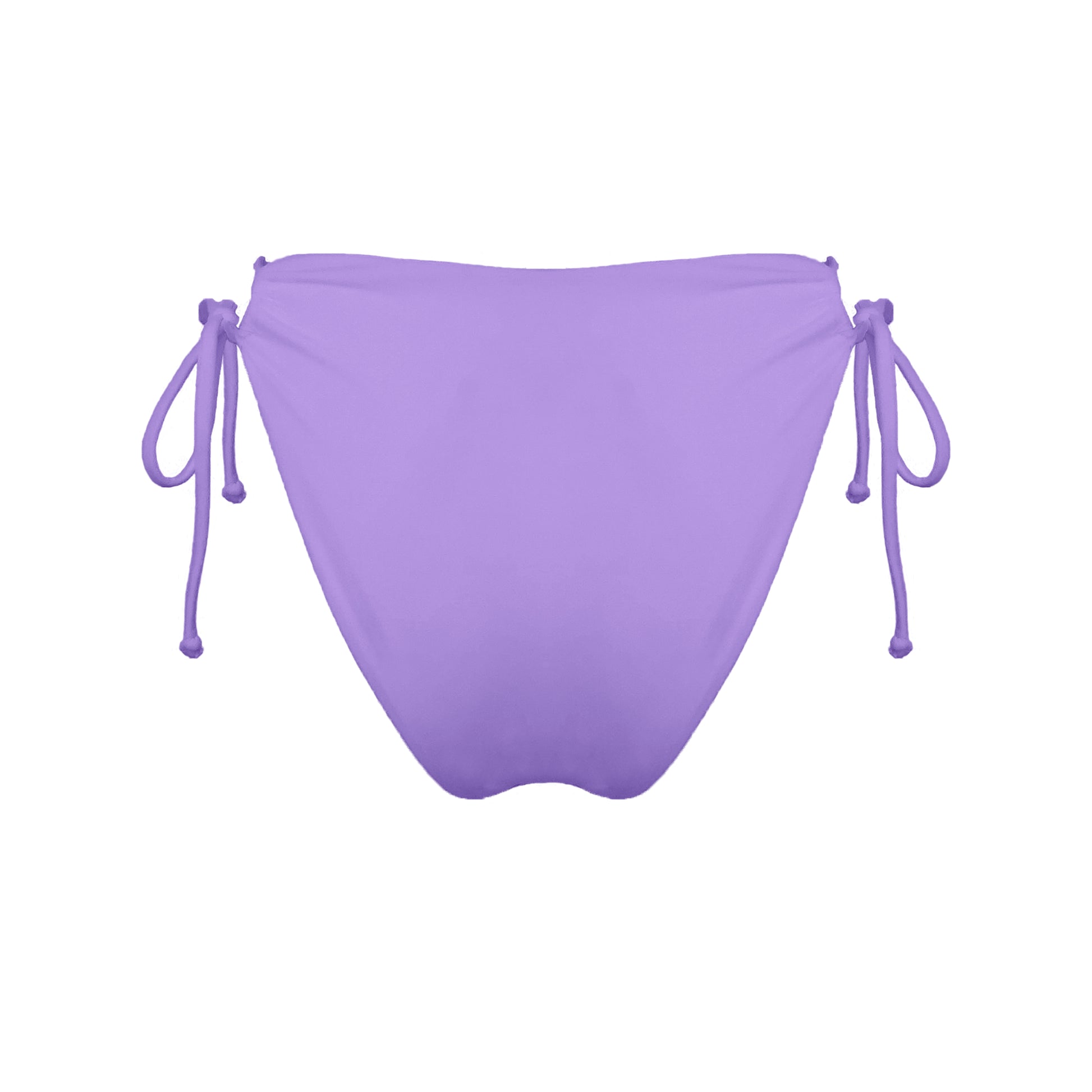 Back view of pastel purple strappy mid-rise bikini bottoms with high cut legs and cheeky coverage.