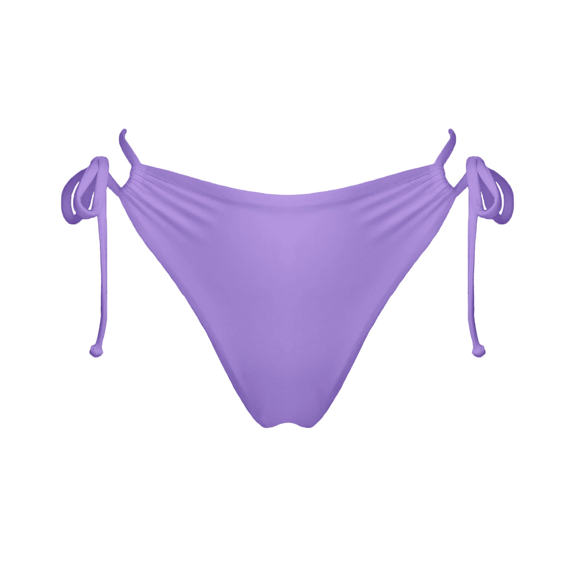 Pastel purple strappy mid-rise bikini bottoms with high cut legs and cheeky coverage.