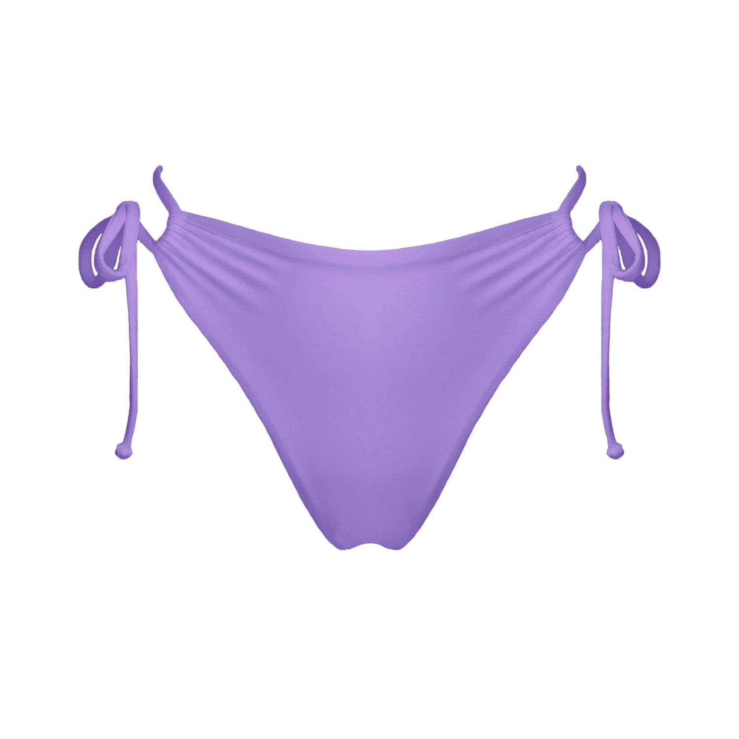 Pastel purple strappy mid-rise bikini bottoms with high cut legs and cheeky coverage.