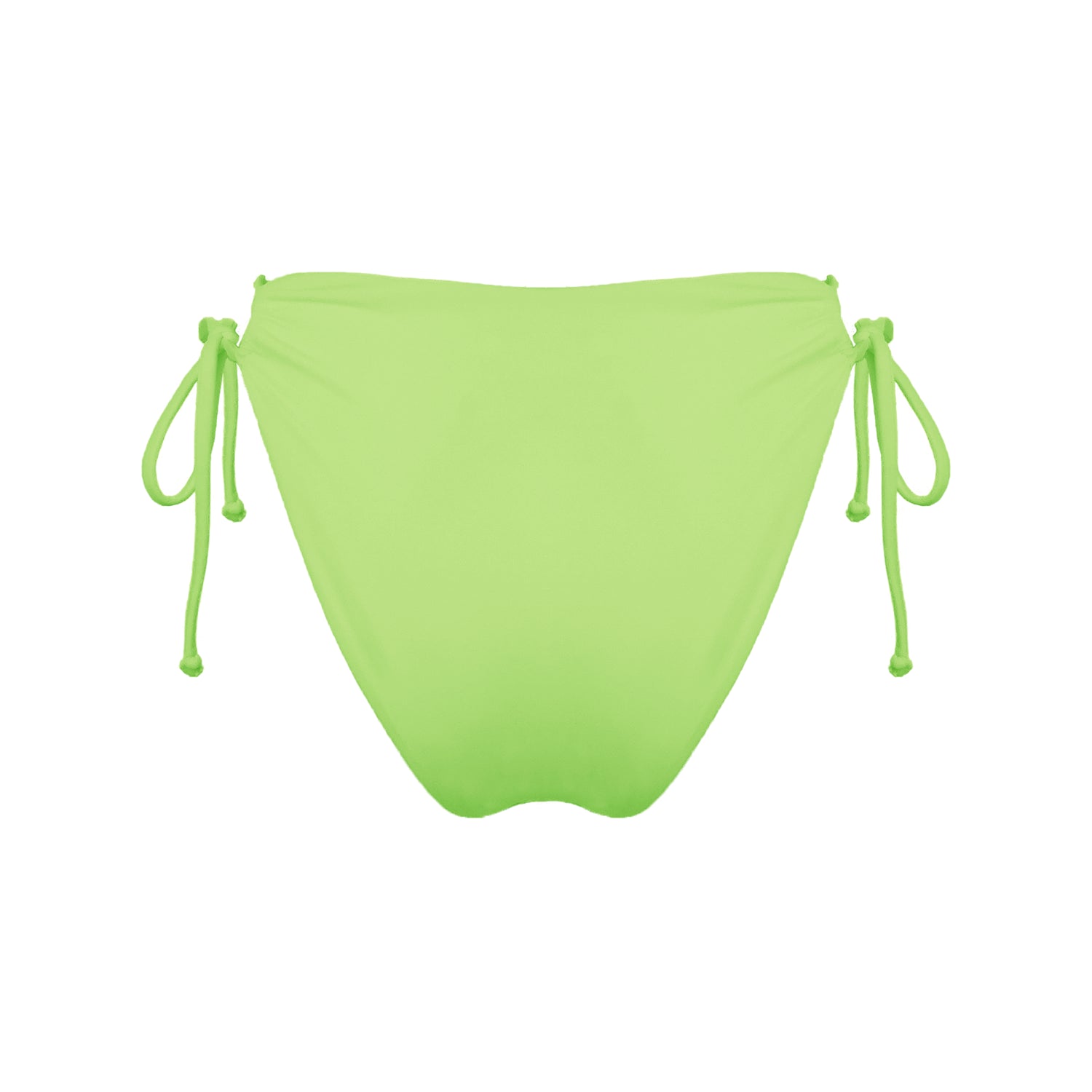 Back view of light neon green strappy mid-rise bikini bottoms with high cut legs and cheeky coverage.