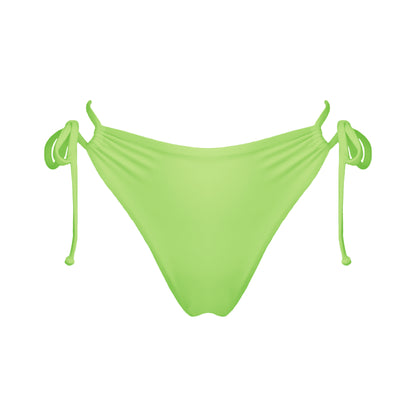 Light neon green strappy mid-rise bikini bottoms with high cut legs and cheeky coverage.