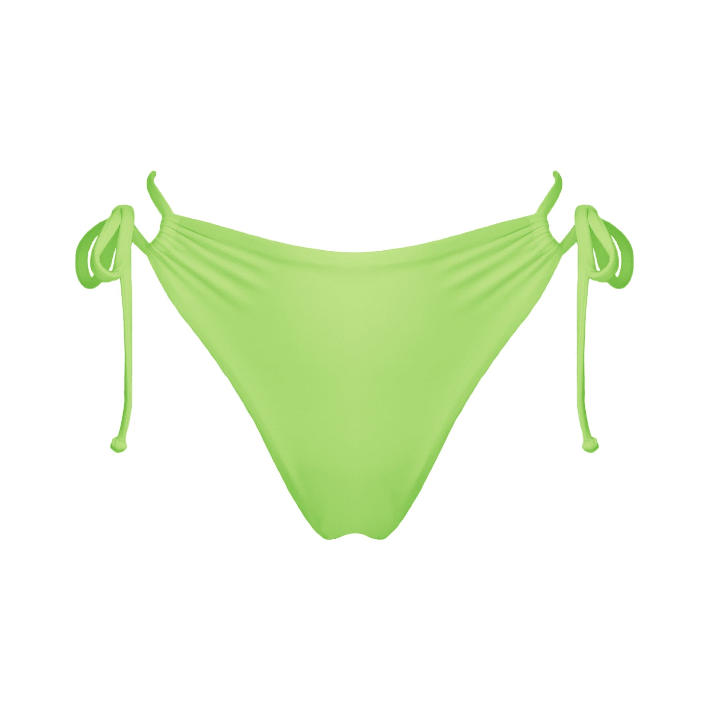 Light neon green strappy mid-rise bikini bottoms with high cut legs and cheeky coverage.