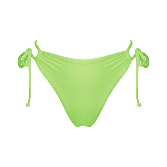 Light neon green strappy mid-rise bikini bottoms with high cut legs and cheeky coverage.