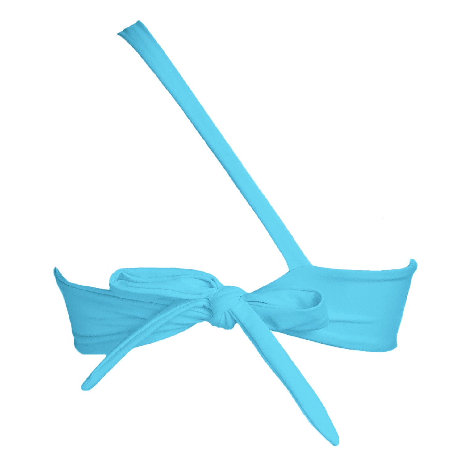 Back view of acqua blue asymmetrical strap bikini top with adjustable tie back strap.