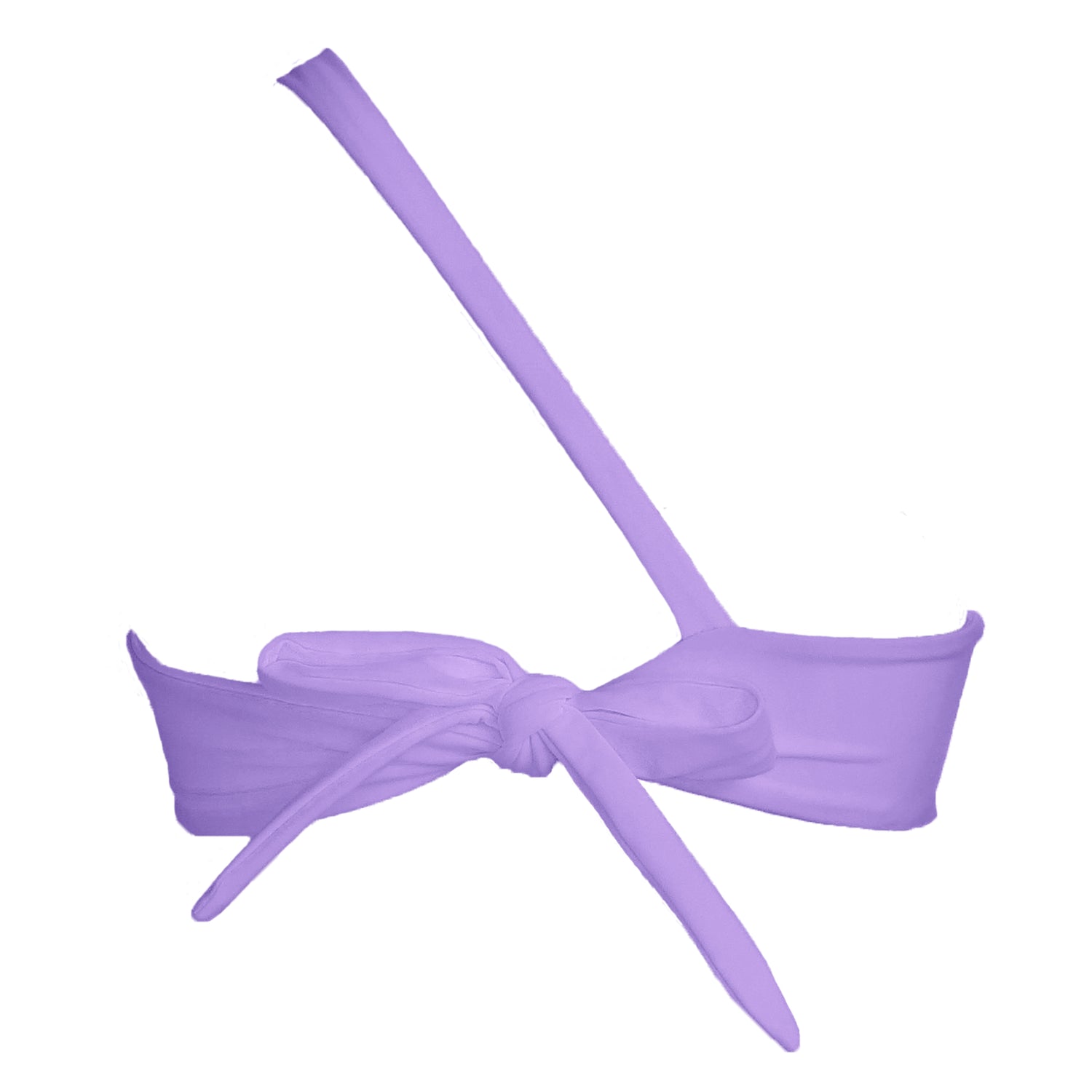 Back view of pastel purple asymmetrical strap bikini top with adjustable tie back strap.
