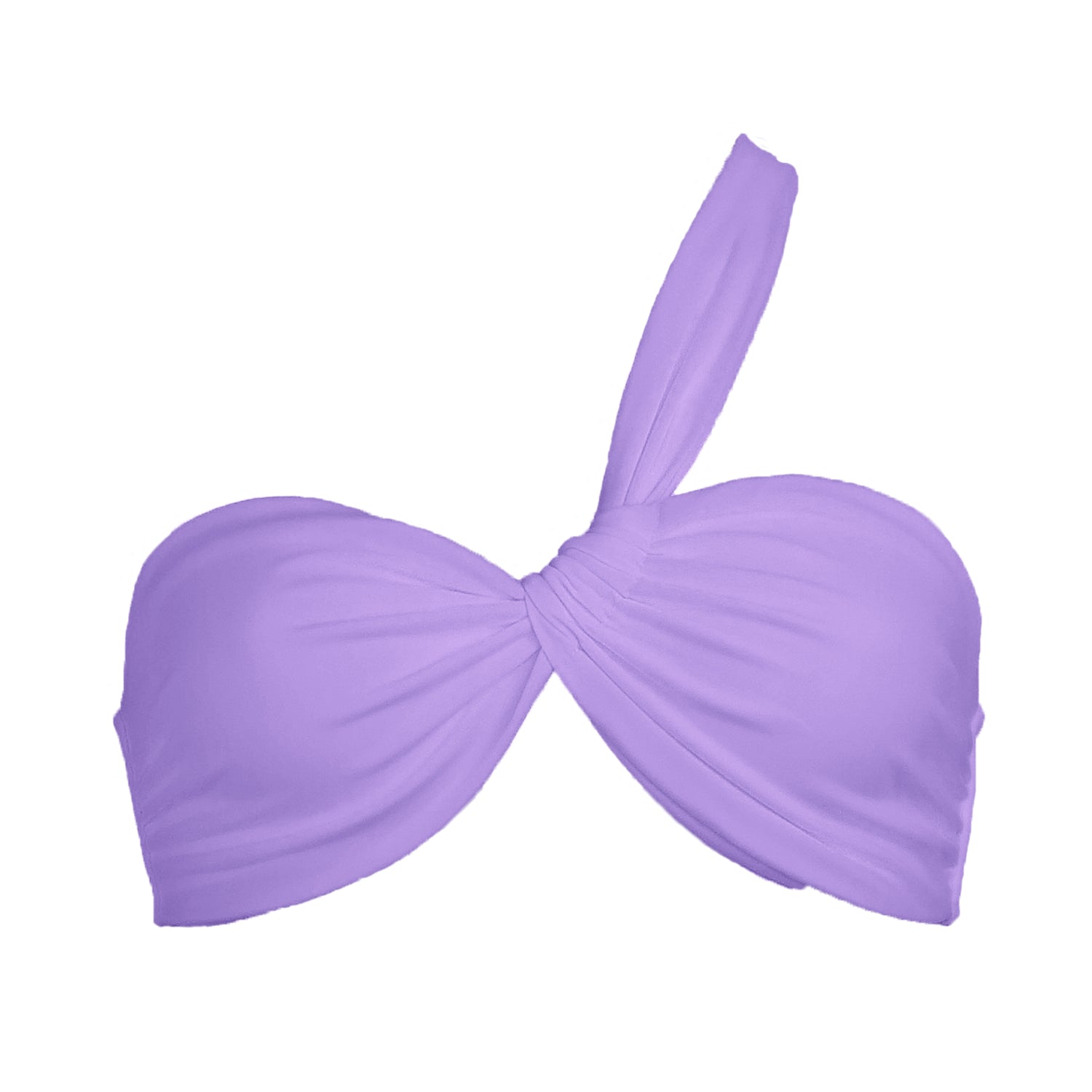 Pastel purple asymmetrical strap bikini top with adjustable tie back strap.