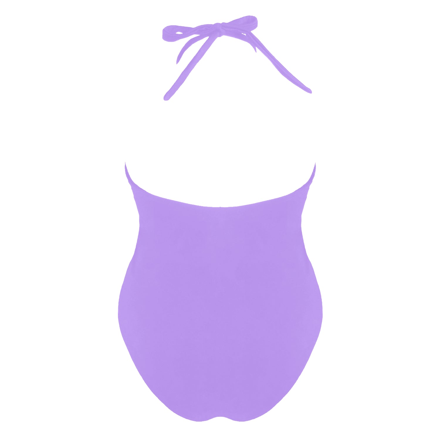 Back view of pastel purple elevated halter one piece swimsuit with versatile cross front tie neck straps, keyhole neckline, high cut legs and full coverage.